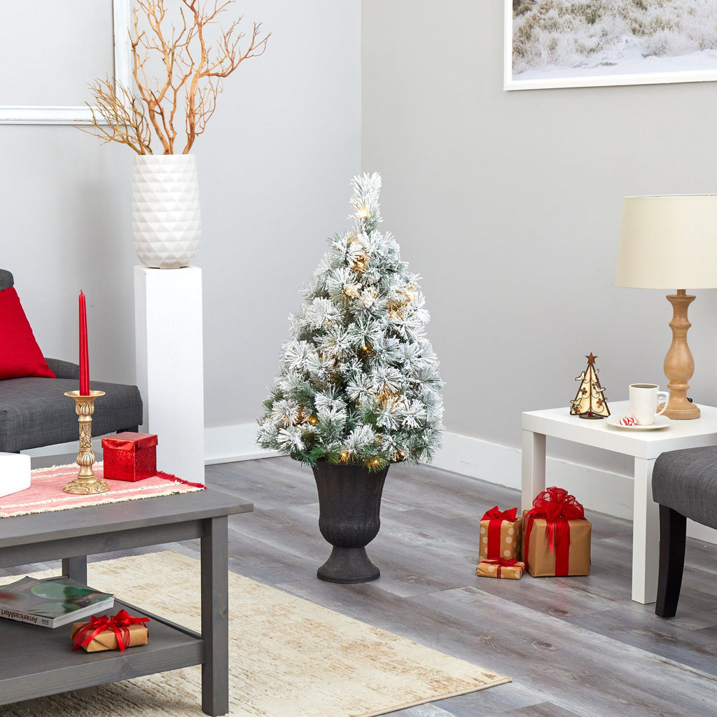 44” Flocked Oregon Pine Artificial Christmas Tree with 50 Clear Lights and 113 Bendable Branches in Charcoal Planter