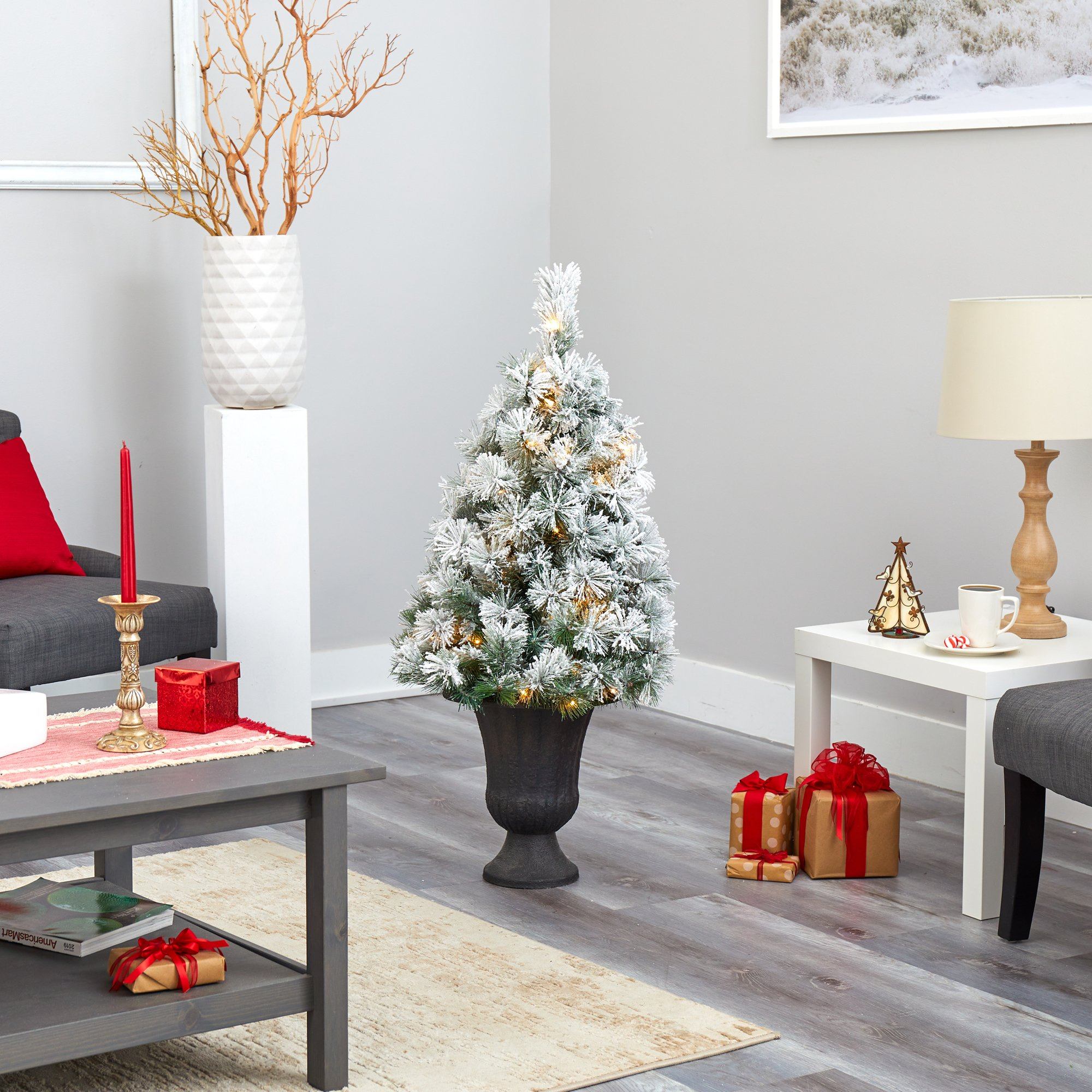 44” Flocked Oregon Pine Artificial Christmas Tree with 50 Clear Lights and 113 Bendable Branches in Charcoal Planter