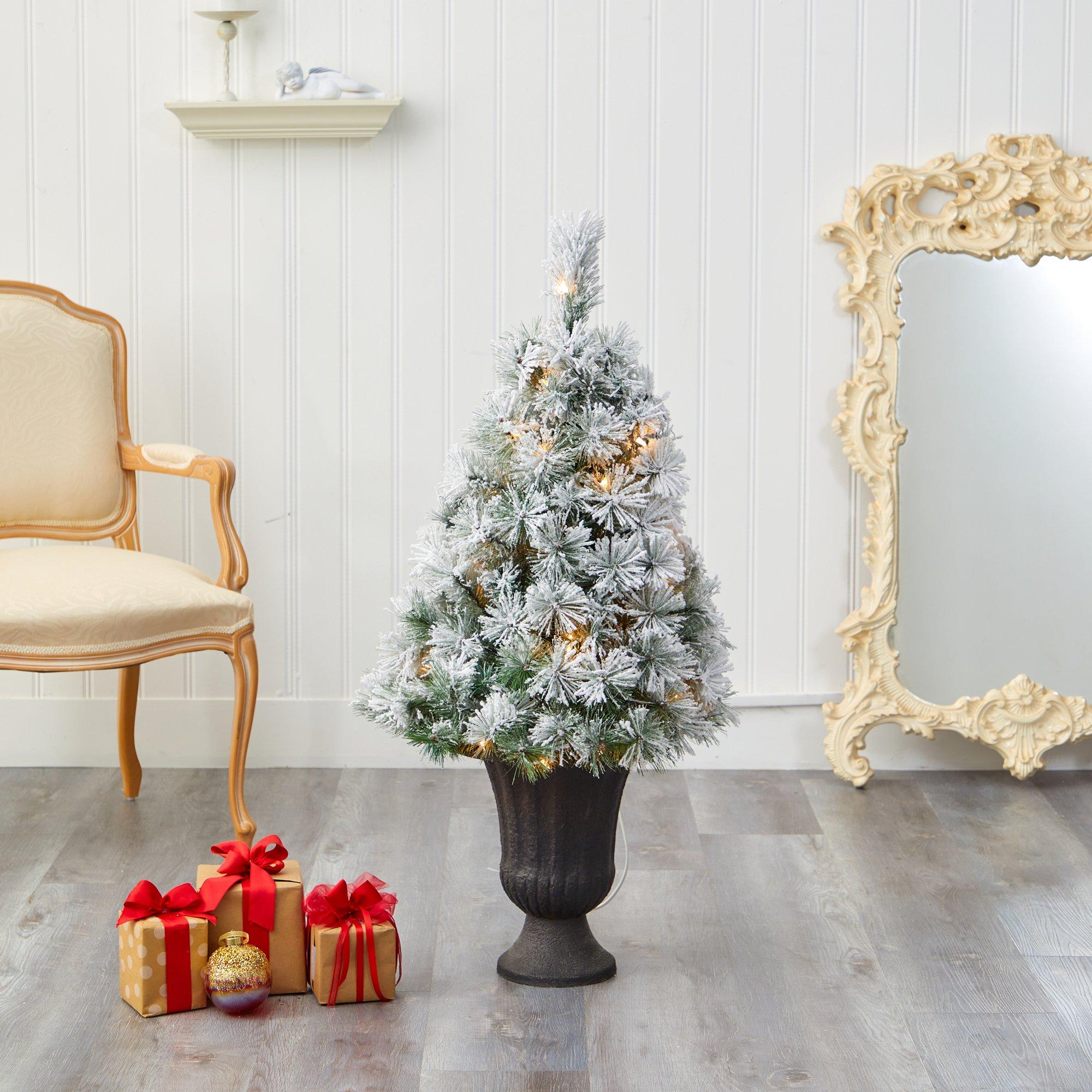 44” Flocked Oregon Pine Artificial Christmas Tree with 50 Clear Lights and 113 Bendable Branches in Charcoal Planter