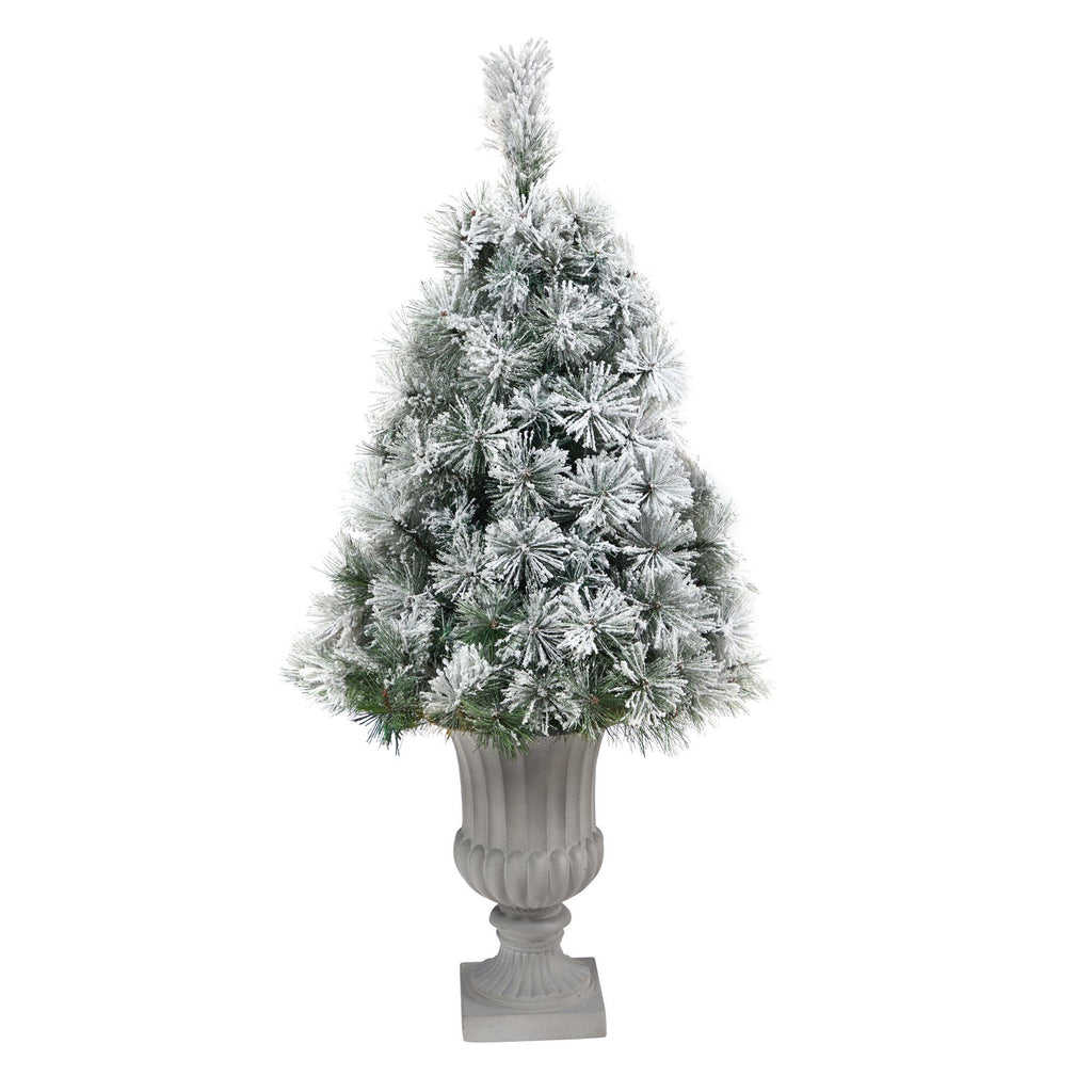 44” Flocked Oregon Pine Artificial Christmas Tree with 50 Clear Lights and 113 Bendable Branches in Decorative Urn