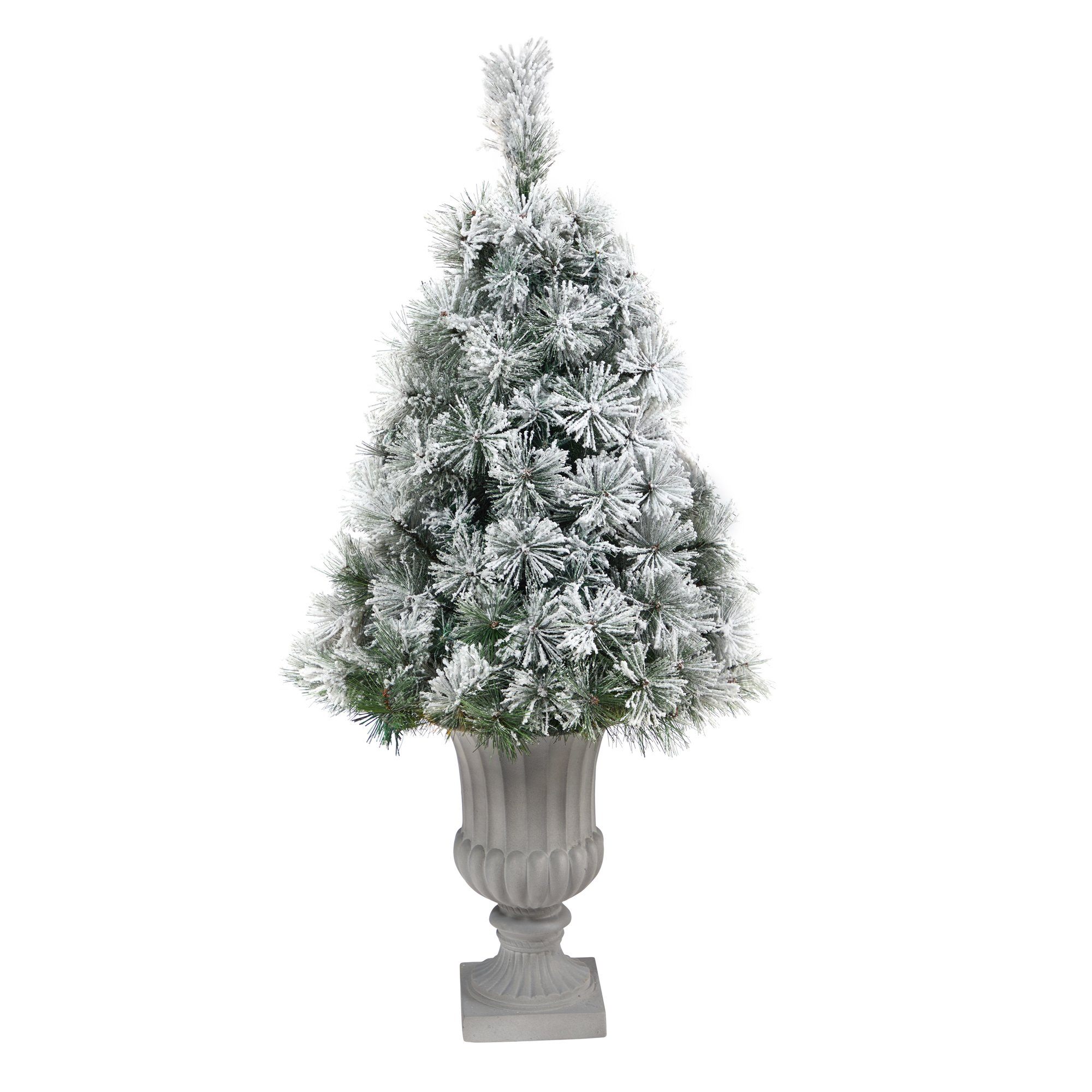 44” Flocked Oregon Pine Artificial Christmas Tree with 50 Clear Lights and 113 Bendable Branches in Decorative Urn