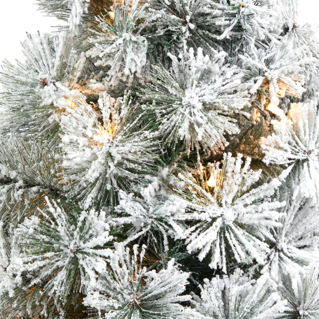 44” Flocked Oregon Pine Artificial Christmas Tree with 50 Clear Lights and 113 Bendable Branches in Decorative Urn