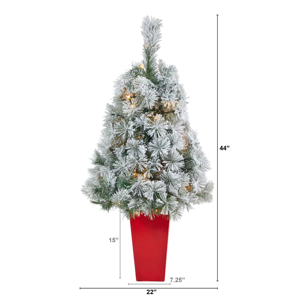 44” Flocked Oregon Pine Artificial Christmas Tree with 50 Clear Lights and 113 Bendable Branches in Red Tower Planter