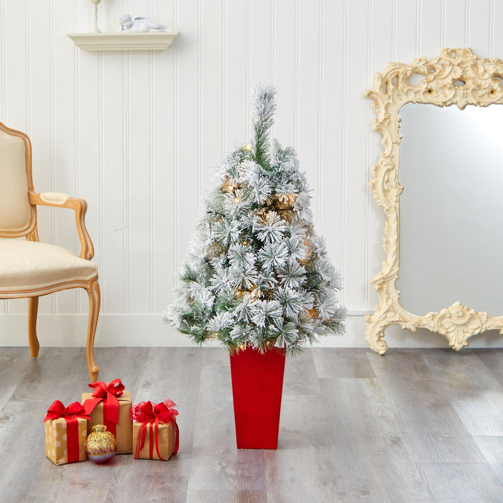 44” Flocked Oregon Pine Artificial Christmas Tree with 50 Clear Lights and 113 Bendable Branches in Red Tower Planter