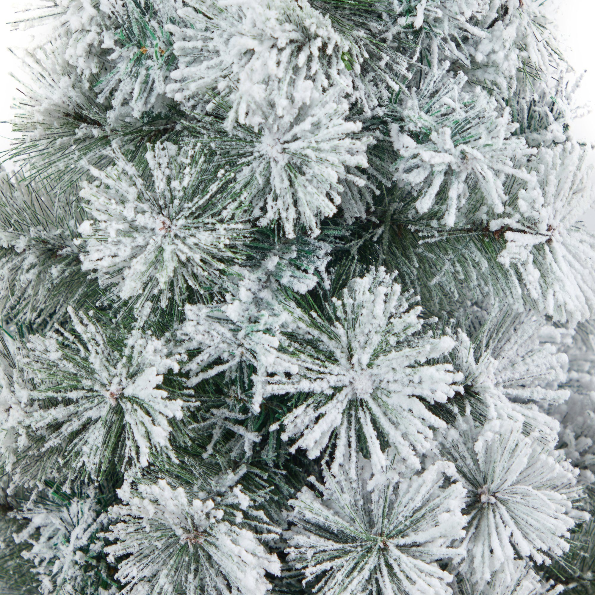 44” Flocked Oregon Pine Artificial Christmas Tree with 50 Clear Lights and 113 Bendable Branches in Red Tower Planter