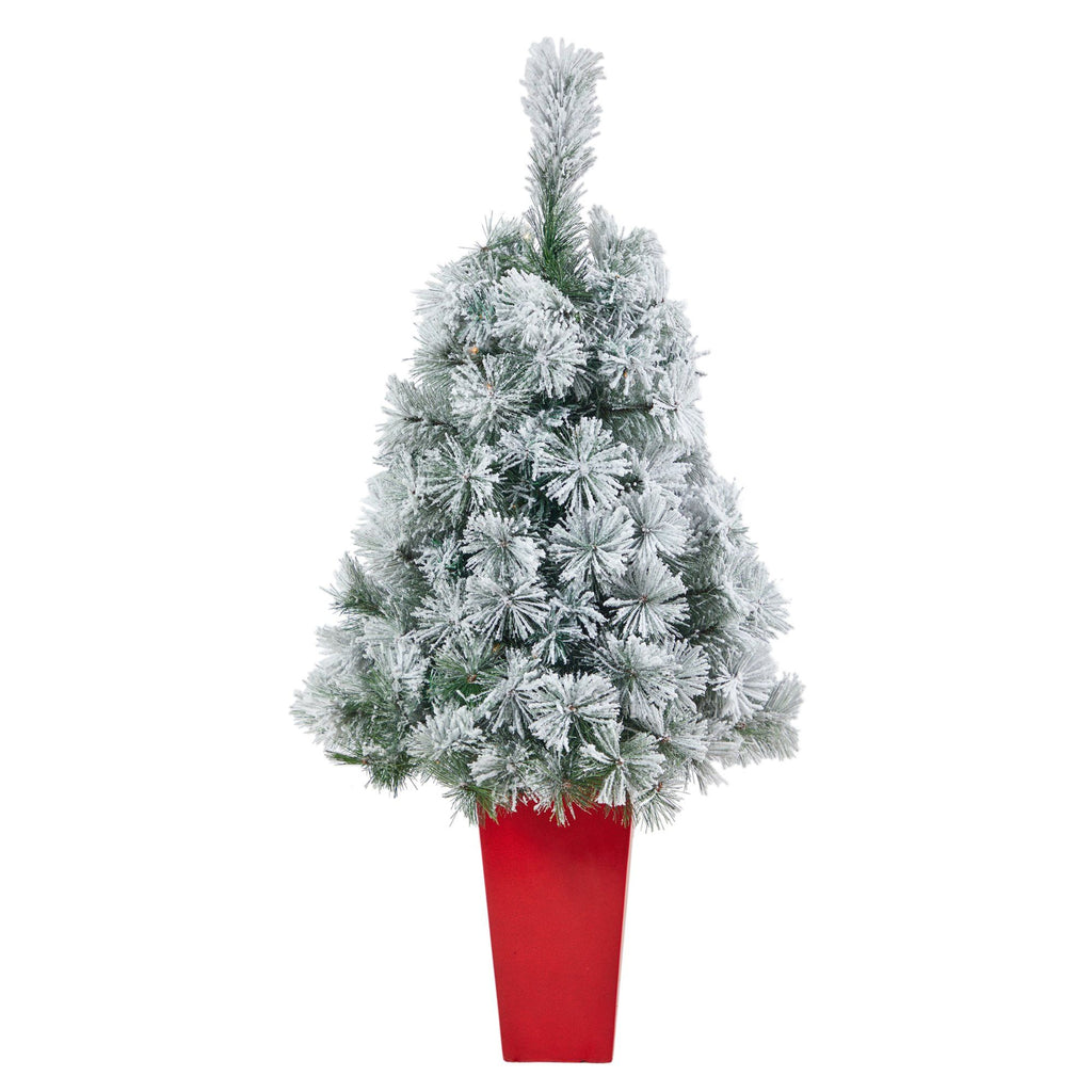 44” Flocked Oregon Pine Artificial Christmas Tree with 50 Clear Lights and 113 Bendable Branches in Red Tower Planter
