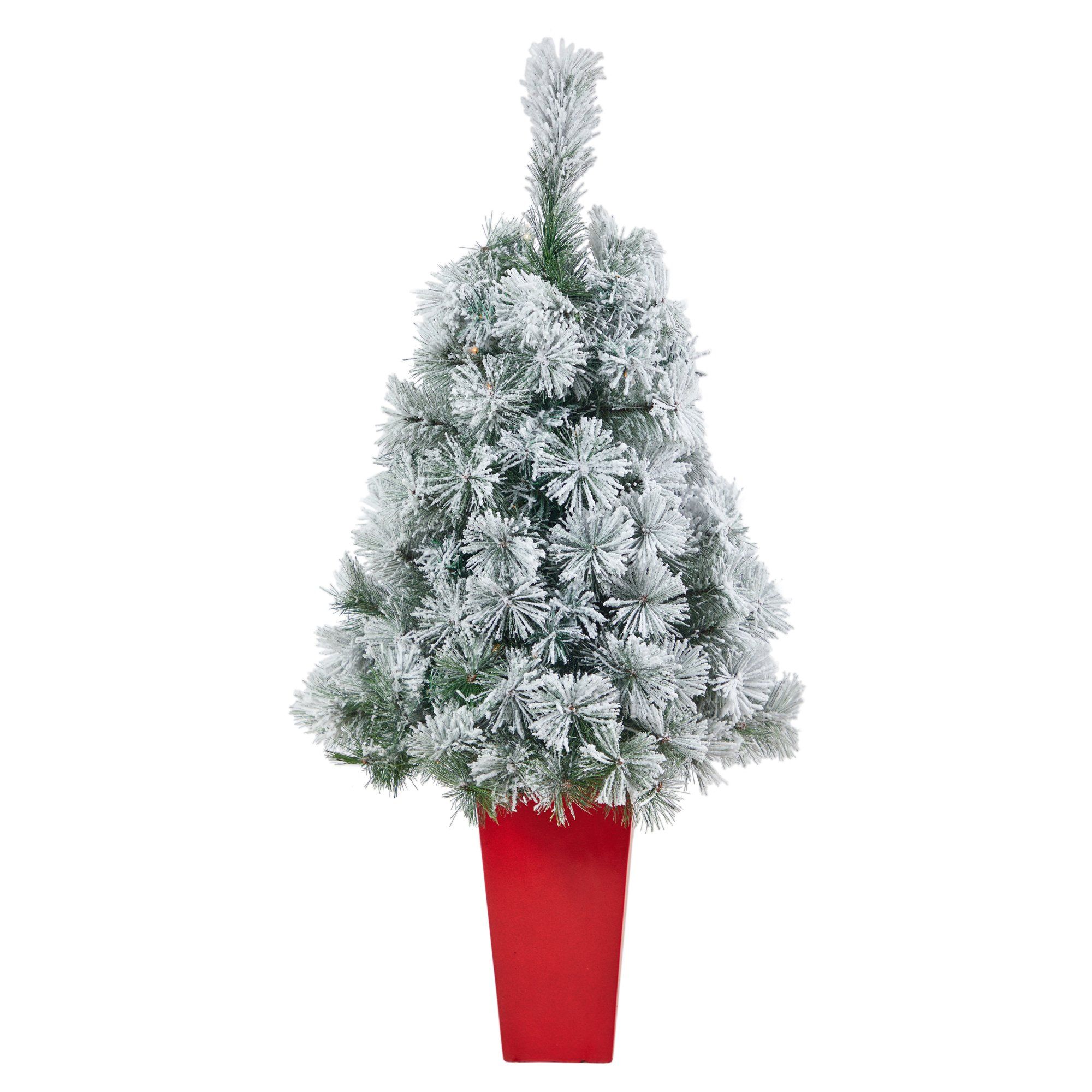 44” Flocked Oregon Pine Artificial Christmas Tree with 50 Clear Lights and 113 Bendable Branches in Red Tower Planter