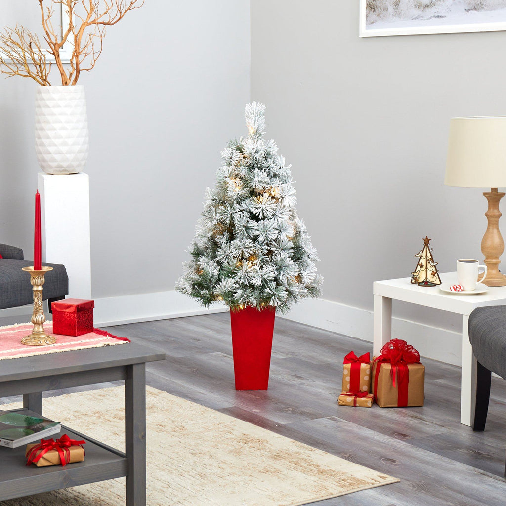 44” Flocked Oregon Pine Artificial Christmas Tree with 50 Clear Lights and 113 Bendable Branches in Red Tower Planter