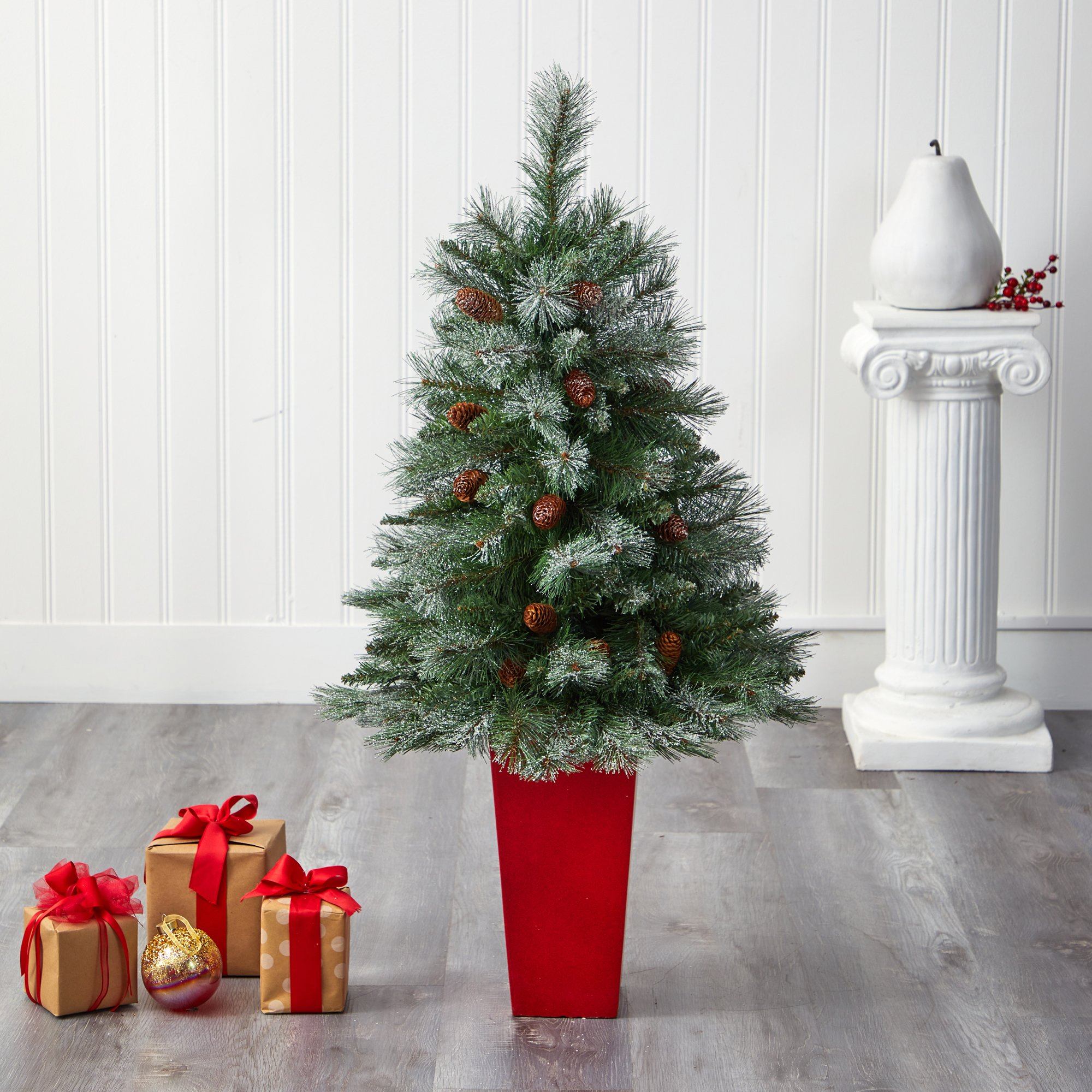 44” Snowed French Alps Mountain Pine Artificial Christmas Tree with 135 Bendable Branches and Pine Cones in Red Planter