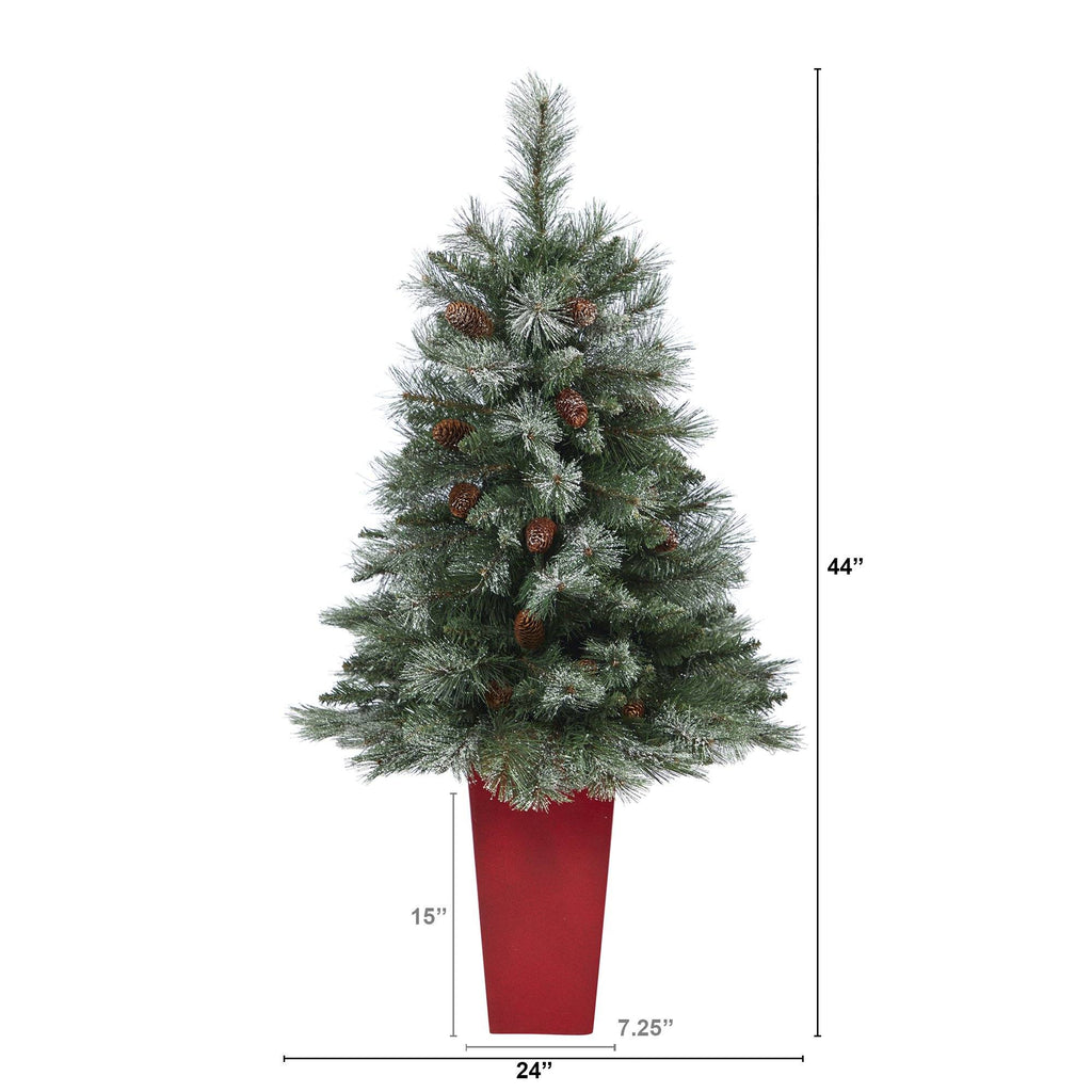 44” Snowed French Alps Mountain Pine Artificial Christmas Tree with 135 Bendable Branches and Pine Cones in Red Planter