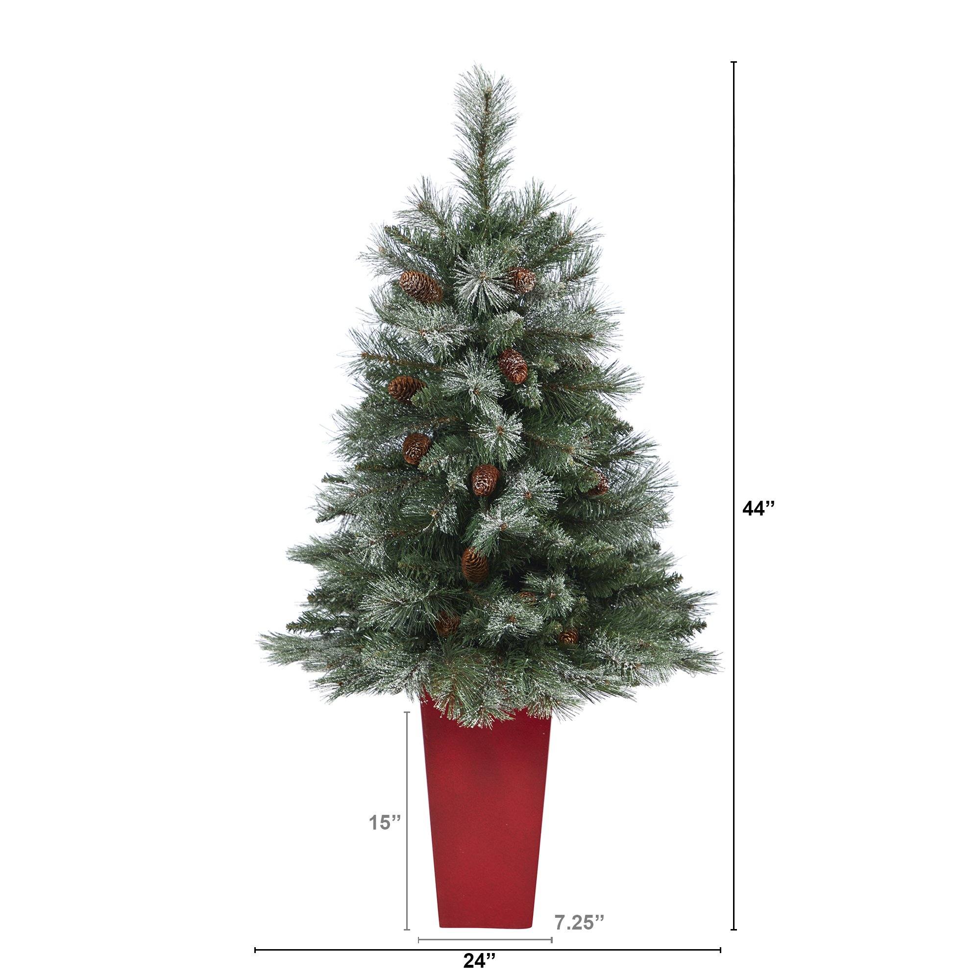 44” Snowed French Alps Mountain Pine Artificial Christmas Tree with 135 Bendable Branches and Pine Cones in Red Planter