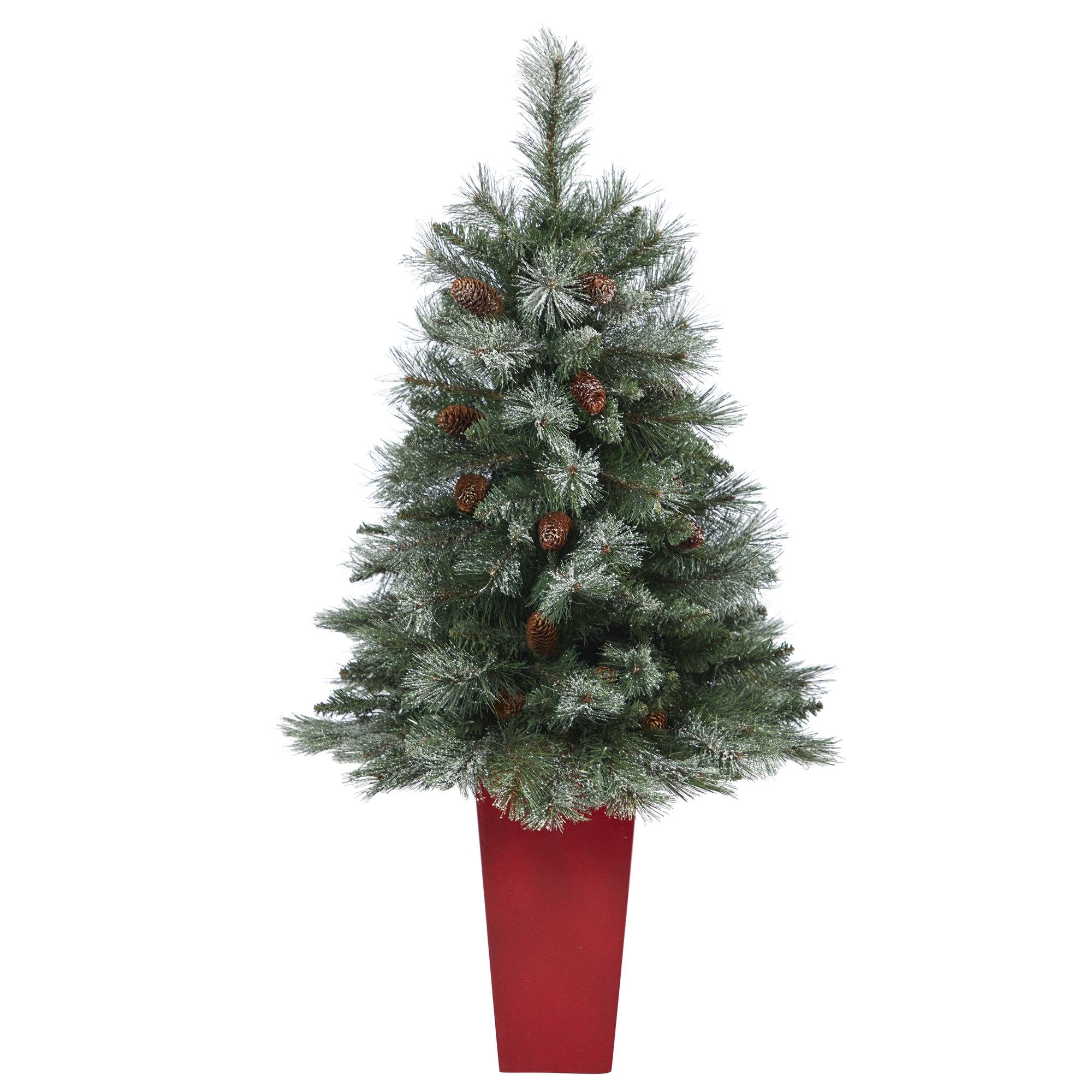 44” Snowed French Alps Mountain Pine Artificial Christmas Tree with 135 Bendable Branches and Pine Cones in Red Planter