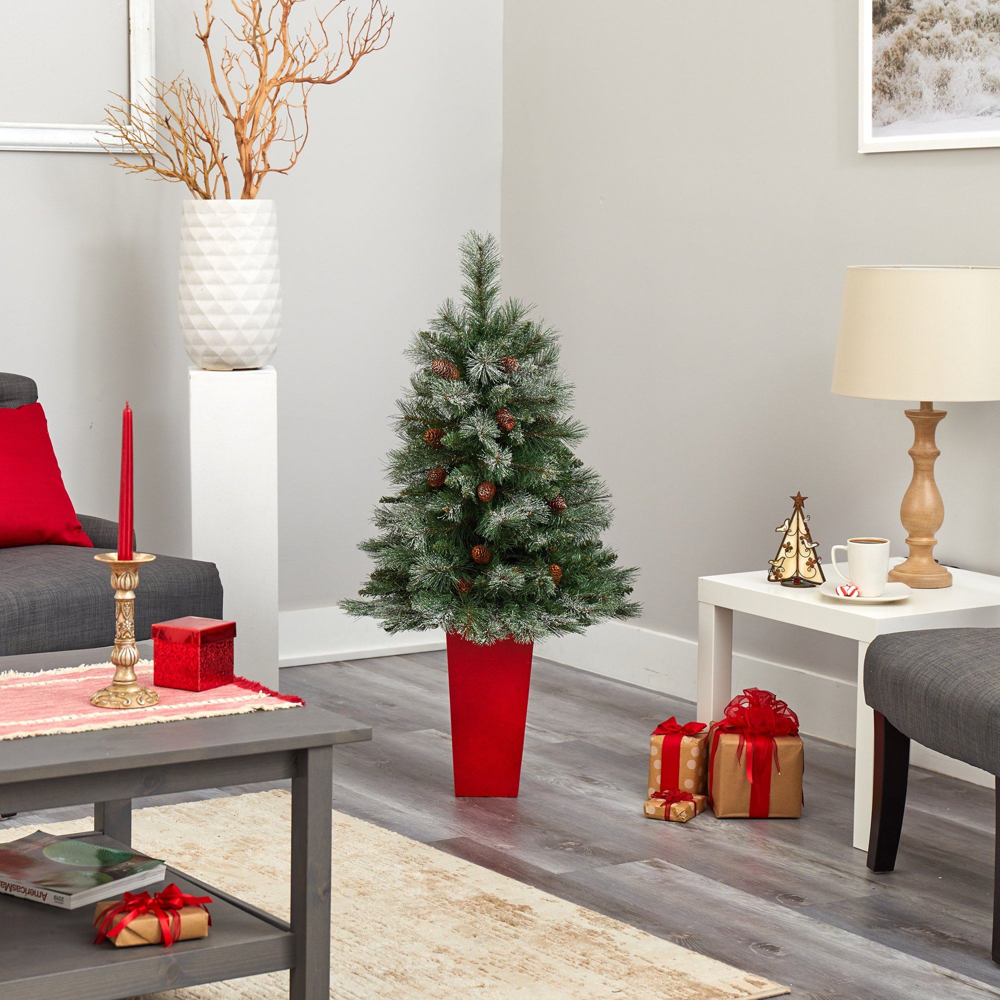 44” Snowed French Alps Mountain Pine Artificial Christmas Tree with 135 Bendable Branches and Pine Cones in Red Planter