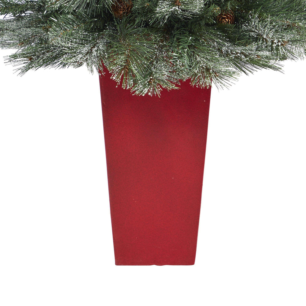 44” Snowed French Alps Mountain Pine Artificial Christmas Tree with 135 Bendable Branches and Pine Cones in Red Planter