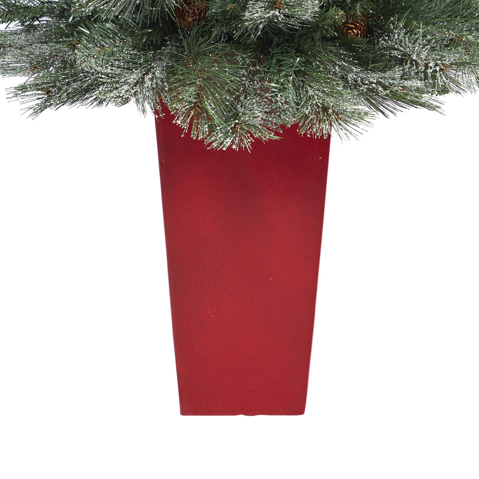 44” Snowed French Alps Mountain Pine Artificial Christmas Tree with 135 Bendable Branches and Pine Cones in Red Planter