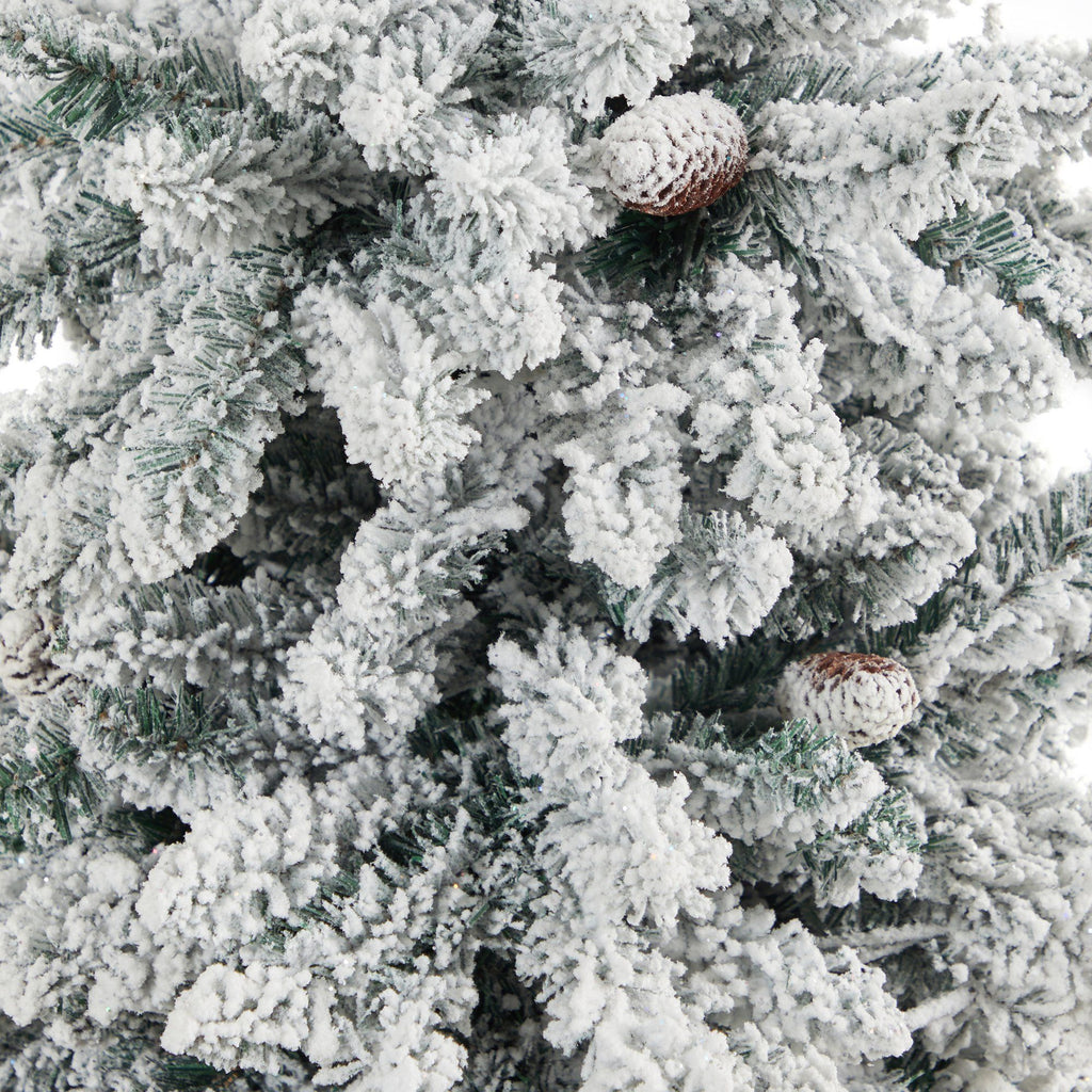 4.5’ Flocked Livingston Fir Artificial Christmas Tree with Pine Cones and 150 Clear Warm LED Lights in Charcoal Urn