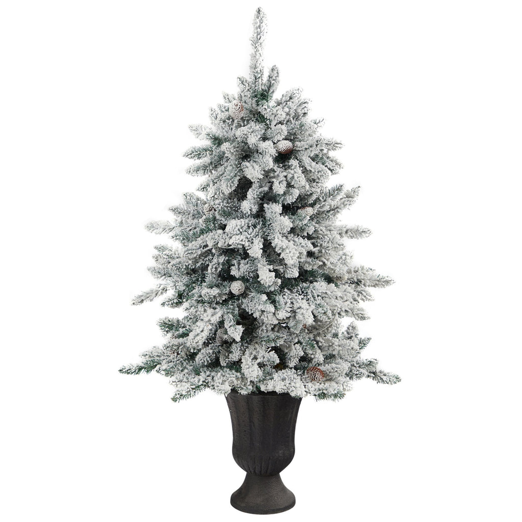 4.5’ Flocked Livingston Fir Artificial Christmas Tree with Pine Cones and 150 Clear Warm LED Lights in Charcoal Urn