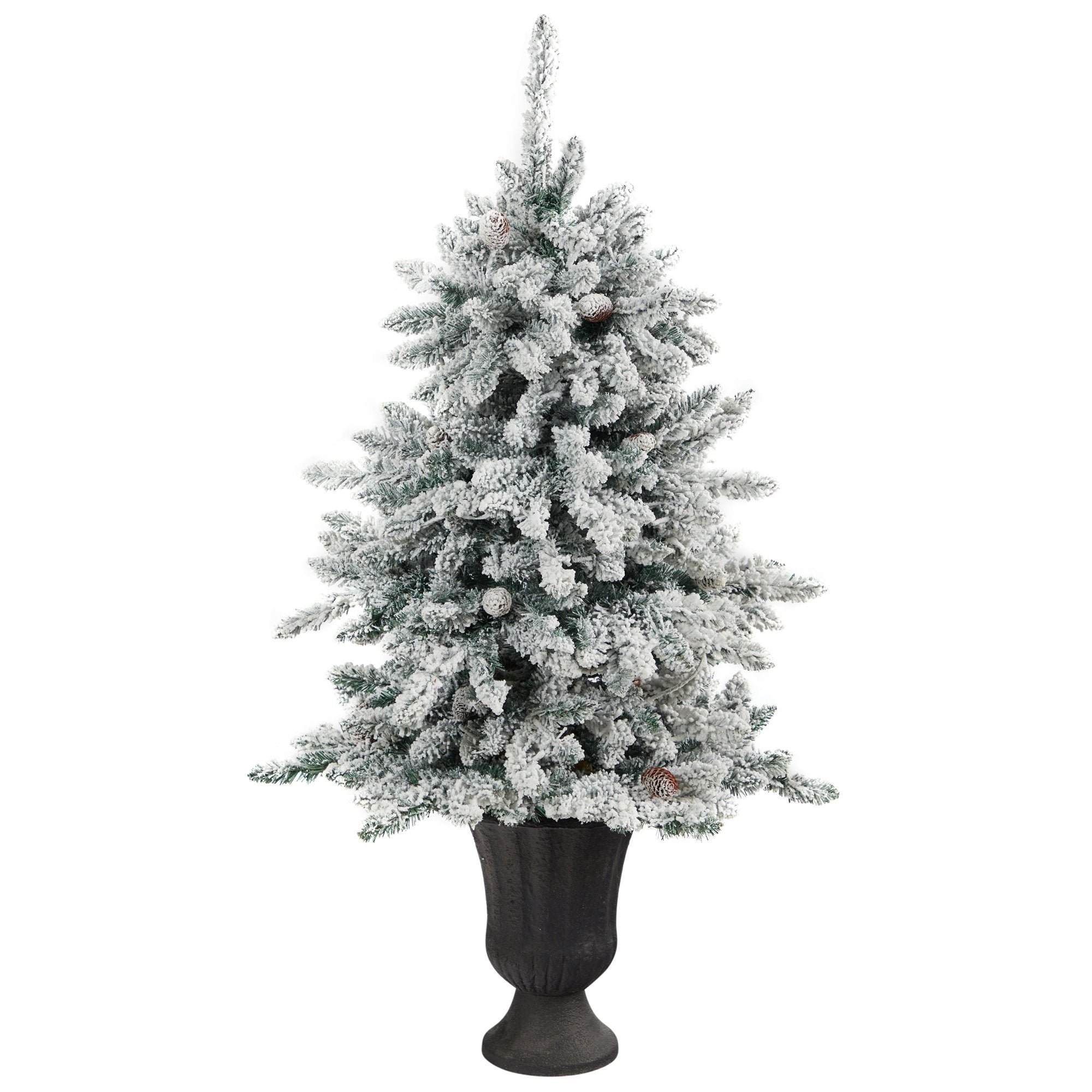 4.5’ Flocked Livingston Fir Artificial Christmas Tree with Pine Cones and 150 Clear Warm LED Lights in Charcoal Urn