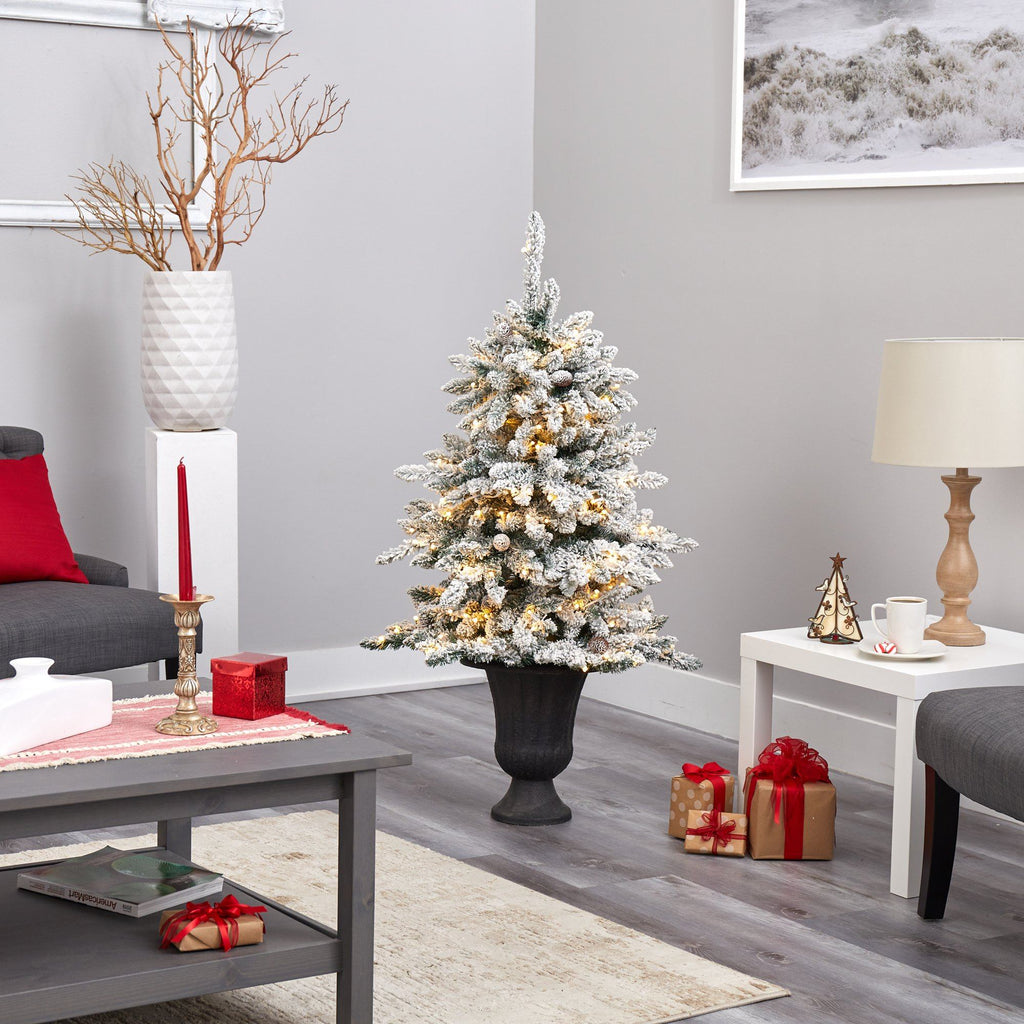 4.5’ Flocked Livingston Fir Artificial Christmas Tree with Pine Cones and 150 Clear Warm LED Lights in Charcoal Urn