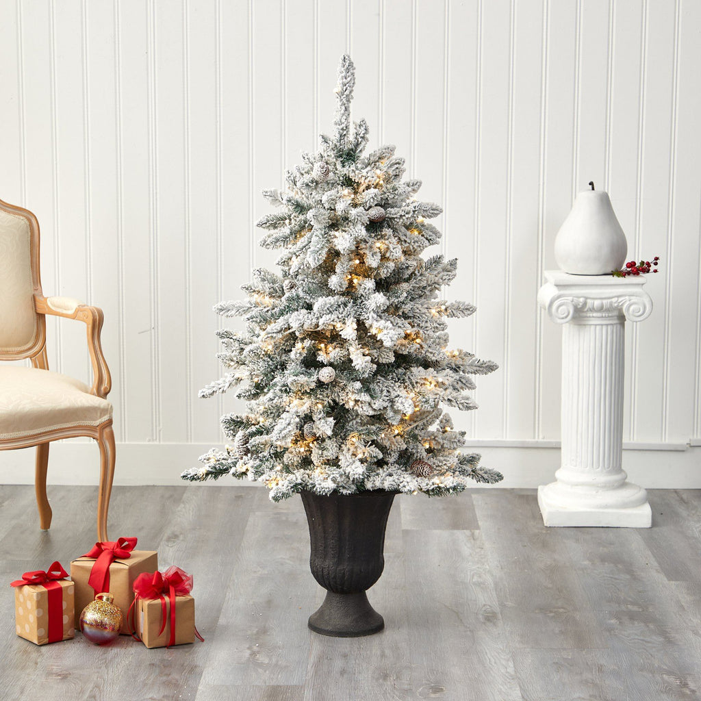 4.5’ Flocked Livingston Fir Artificial Christmas Tree with Pine Cones and 150 Clear Warm LED Lights in Charcoal Urn