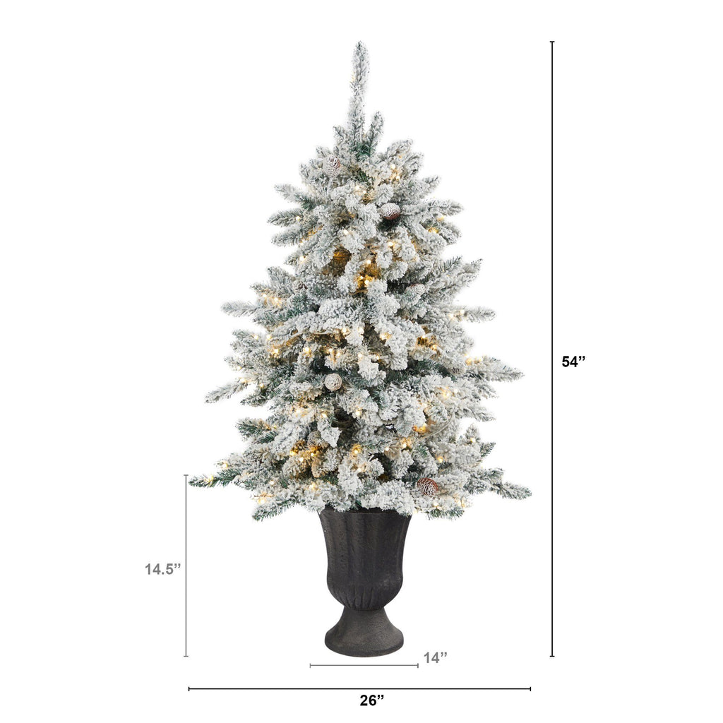 4.5’ Flocked Livingston Fir Artificial Christmas Tree with Pine Cones and 150 Clear Warm LED Lights in Charcoal Urn