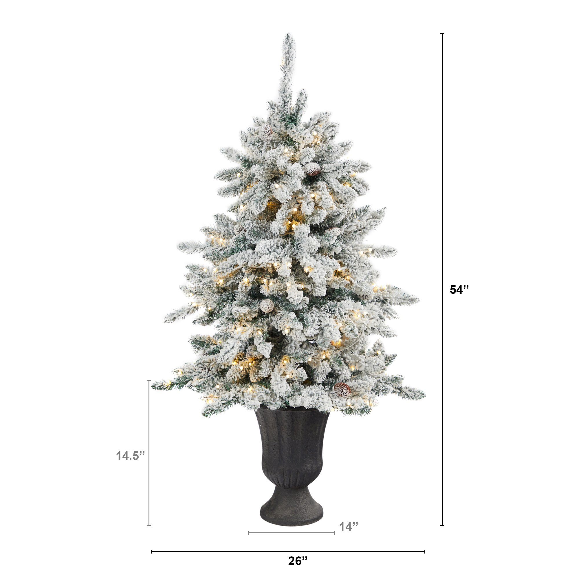 4.5’ Flocked Livingston Fir Artificial Christmas Tree with Pine Cones and 150 Clear Warm LED Lights in Charcoal Urn
