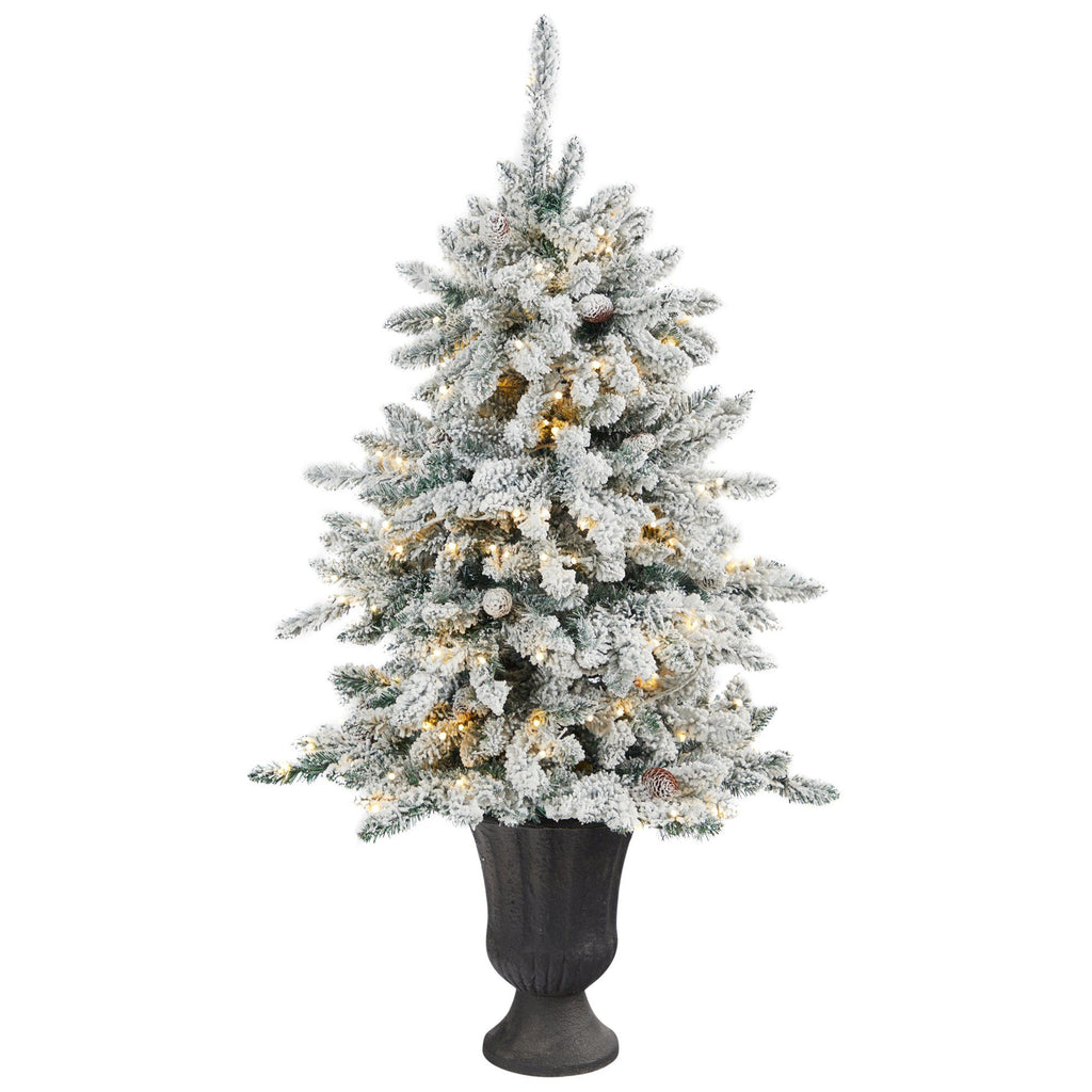 4.5’ Flocked Livingston Fir Artificial Christmas Tree with Pine Cones and 150 Clear Warm LED Lights in Charcoal Urn