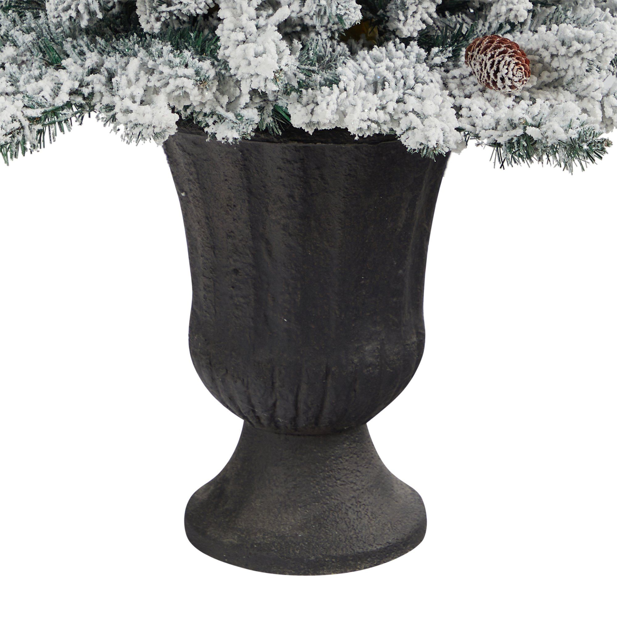 4.5’ Flocked Livingston Fir Artificial Christmas Tree with Pine Cones and 150 Clear Warm LED Lights in Charcoal Urn