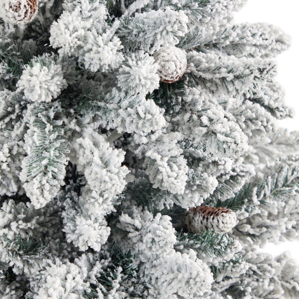 4.5’ Flocked Livingston Fir Artificial Christmas Tree with Pine Cones and 150 Clear Warm LED Lights in Tall White Planter