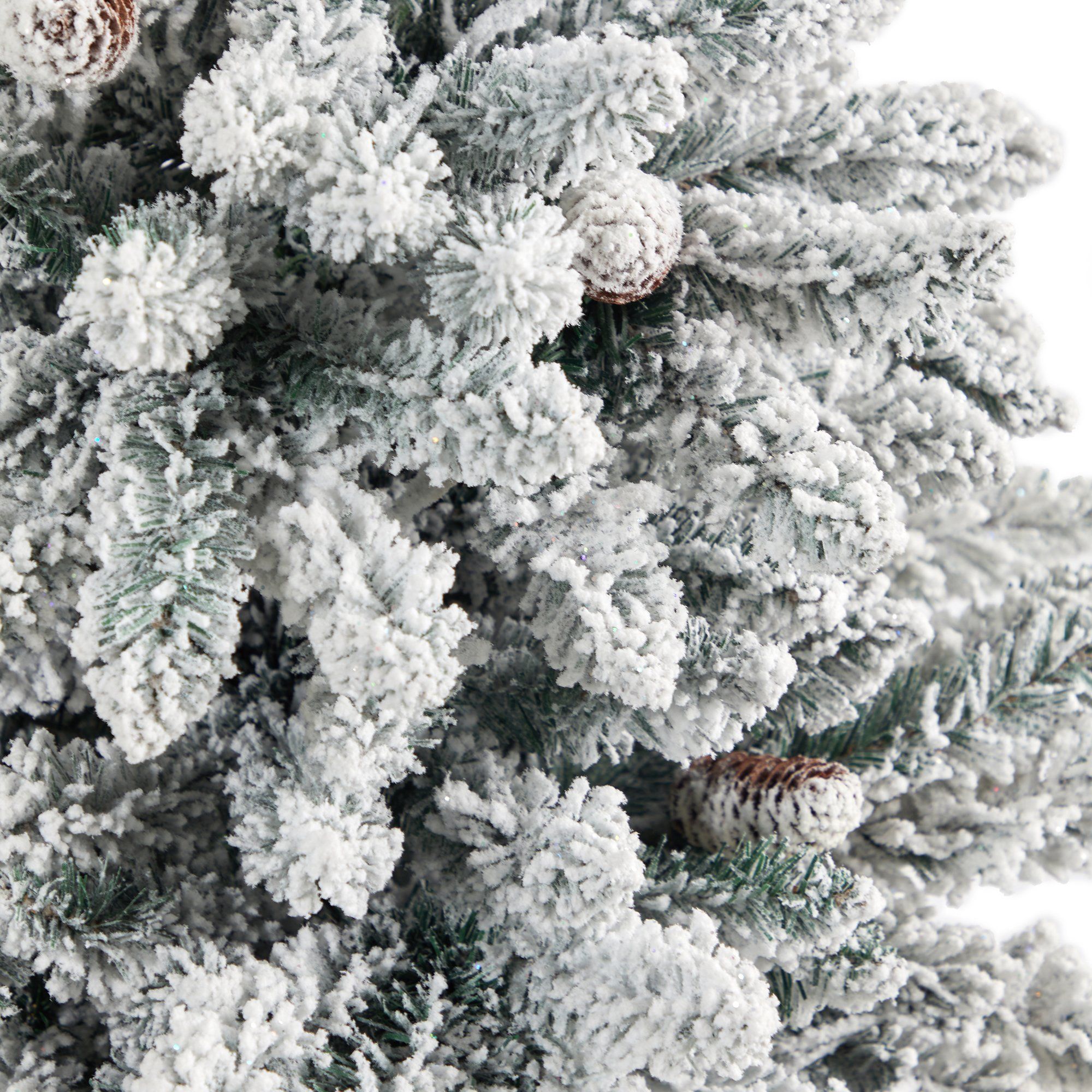 4.5’ Flocked Livingston Fir Artificial Christmas Tree with Pine Cones and 150 Clear Warm LED Lights in Tall White Planter