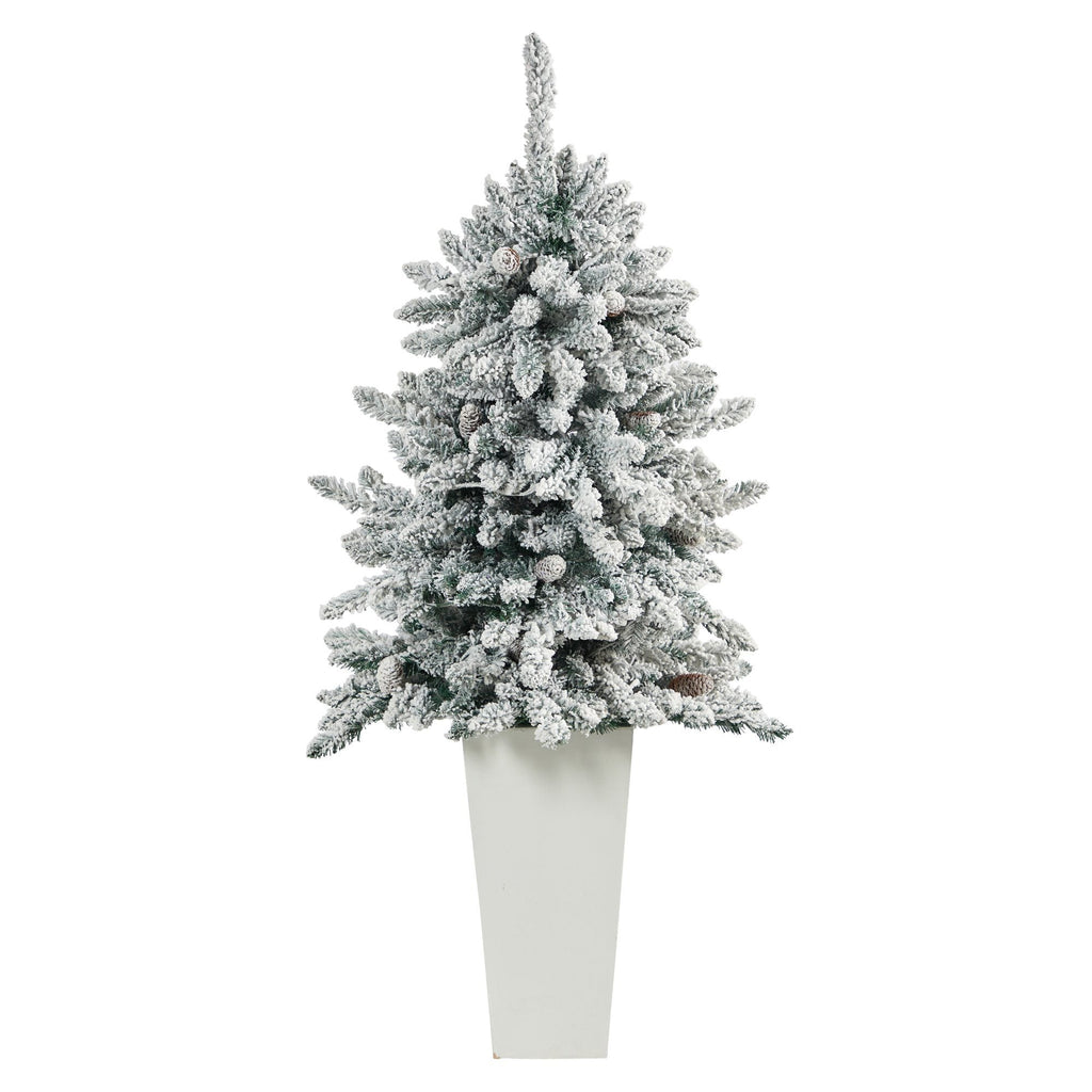 4.5’ Flocked Livingston Fir Artificial Christmas Tree with Pine Cones and 150 Clear Warm LED Lights in Tall White Planter