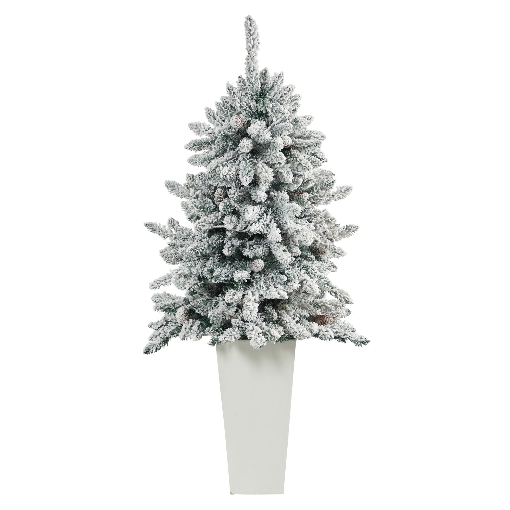 4.5’ Flocked Livingston Fir Artificial Christmas Tree with Pine Cones and 150 Clear Warm LED Lights in Tall White Planter