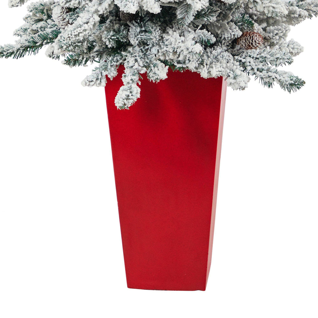 4.5’ Flocked Livingston Fir Artificial Christmas Tree with Pine Cones and 150 Clear Warm LED Lights in Tall White Planter