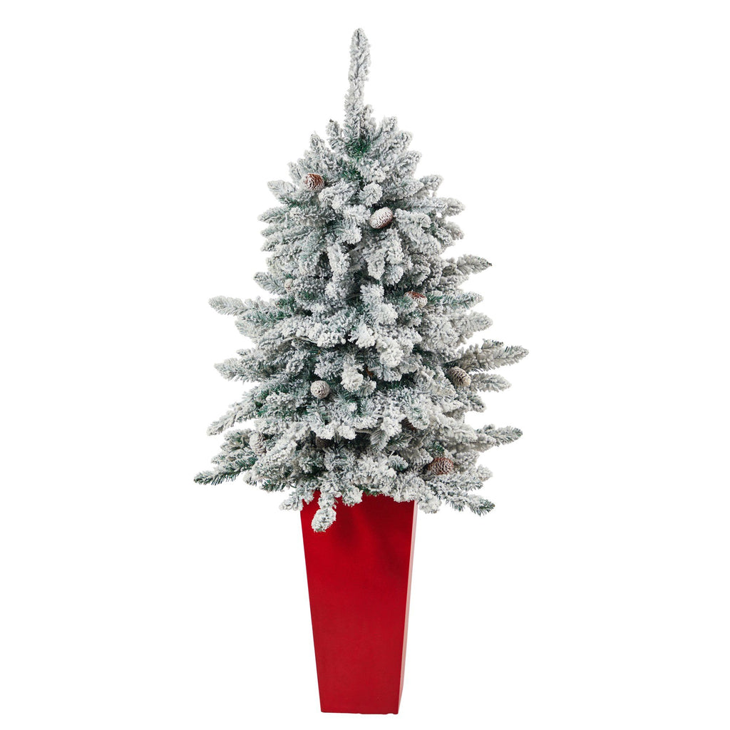 4.5’ Flocked Livingston Fir Artificial Christmas Tree with Pine Cones and 150 Clear Warm LED Lights in Tall White Planter