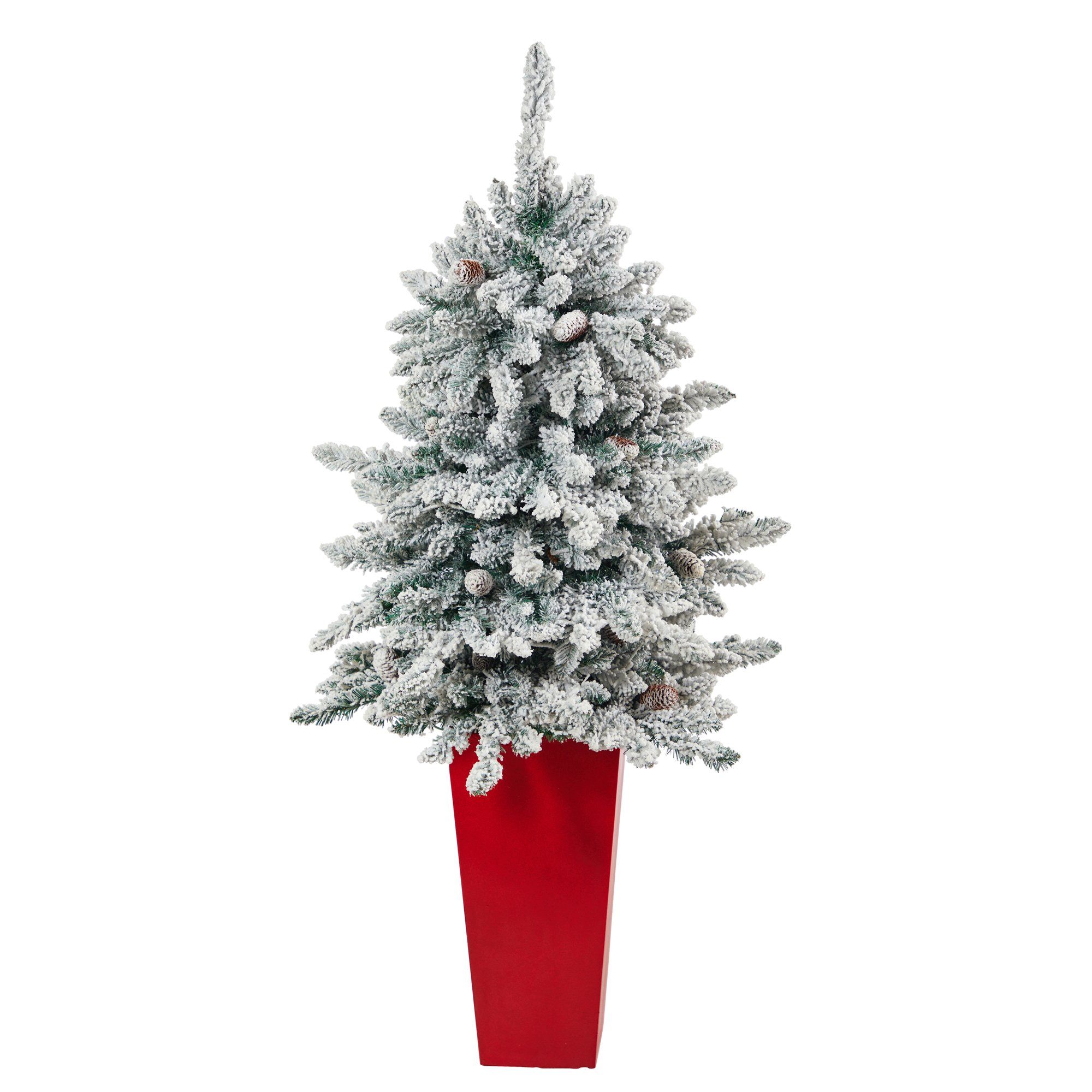 4.5’ Flocked Livingston Fir Artificial Christmas Tree with Pine Cones and 150 Clear Warm LED Lights in Tall White Planter