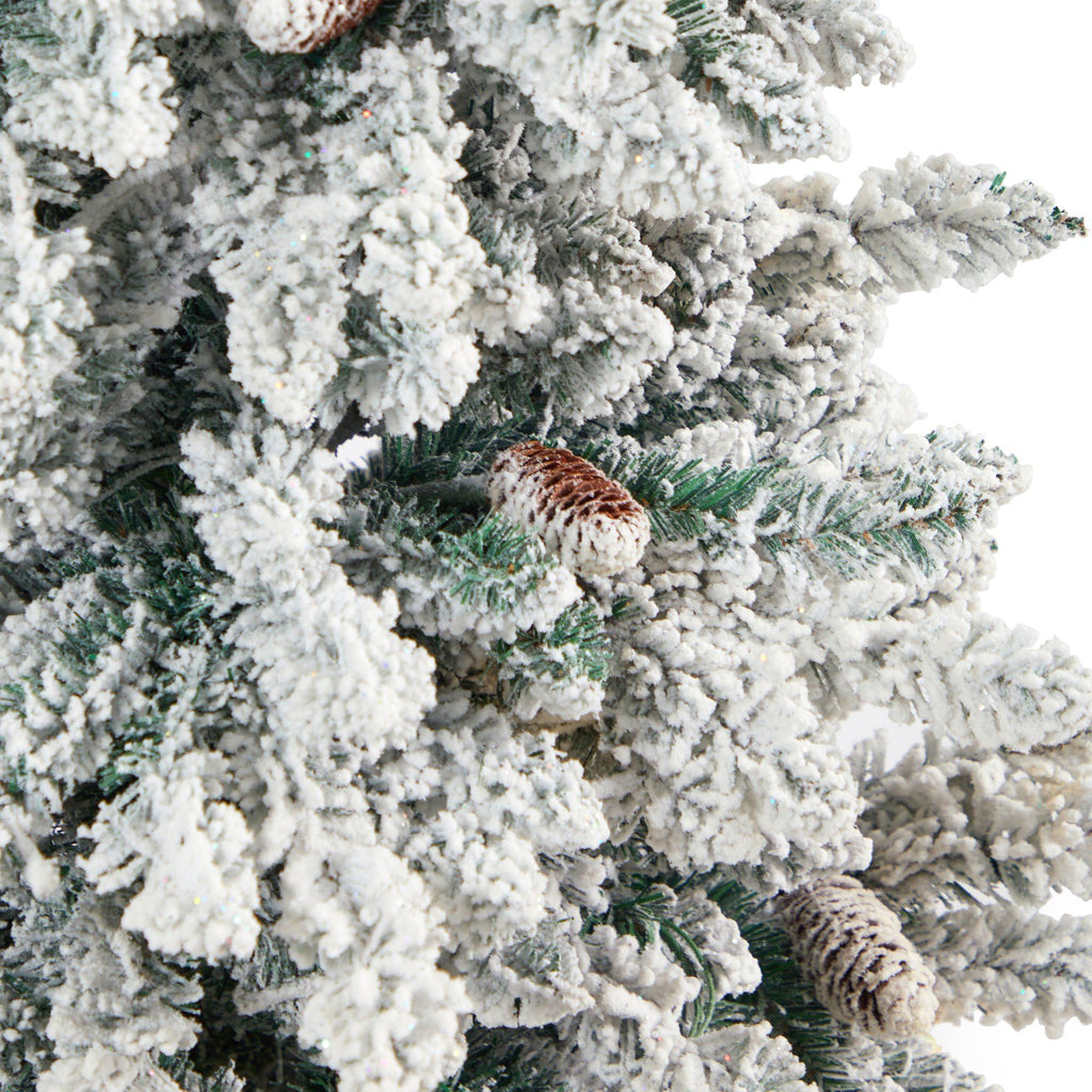 4.5’ Flocked Livingston Fir Artificial Christmas Tree with Pine Cones and 150 Clear Warm LED Lights in Tall White Planter