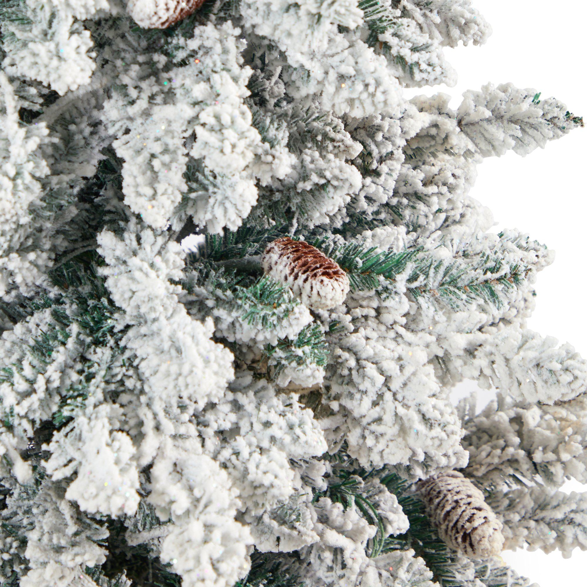 4.5’ Flocked Livingston Fir Artificial Christmas Tree with Pine Cones and 150 Clear Warm LED Lights in Tall White Planter