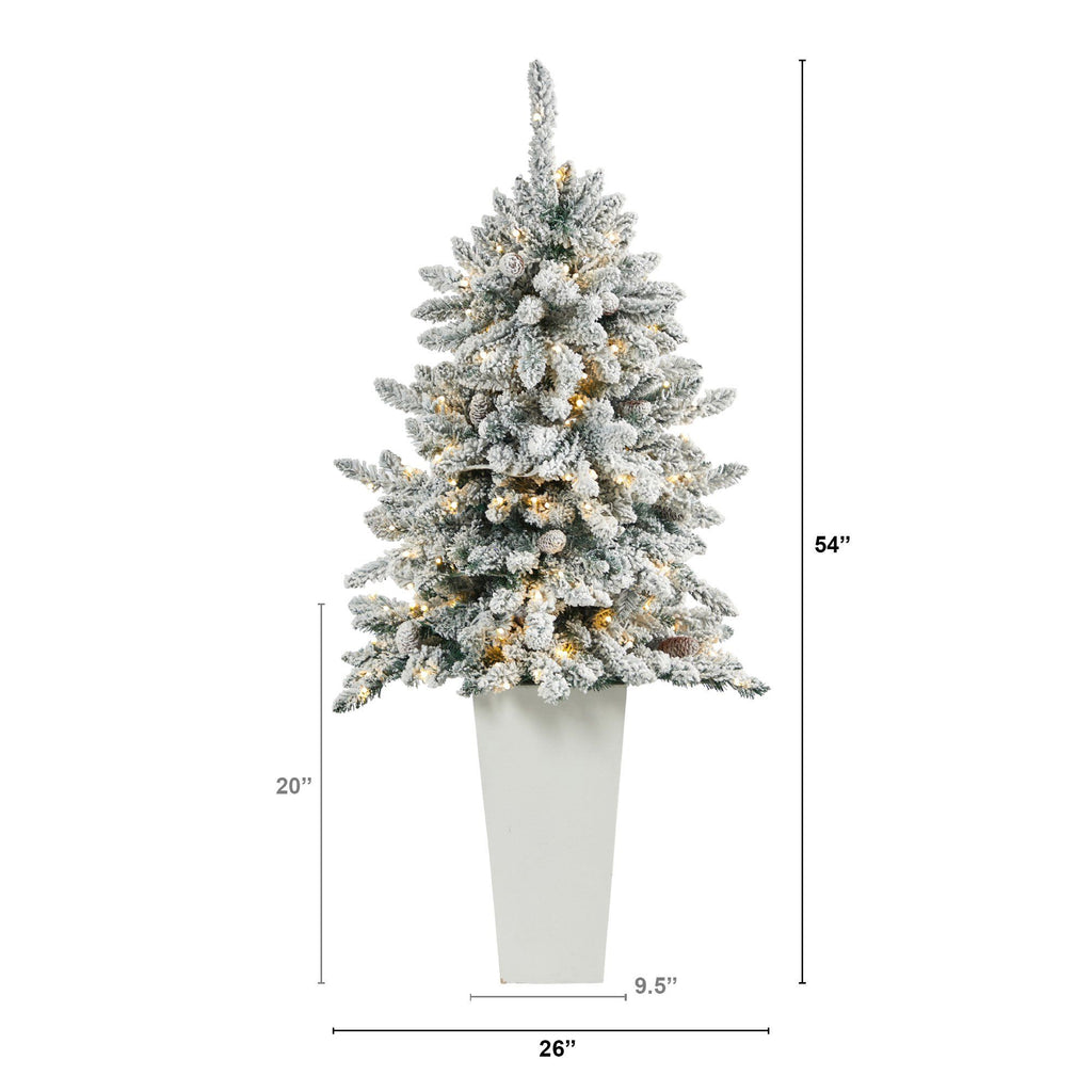 4.5’ Flocked Livingston Fir Artificial Christmas Tree with Pine Cones and 150 Clear Warm LED Lights in Tall White Planter