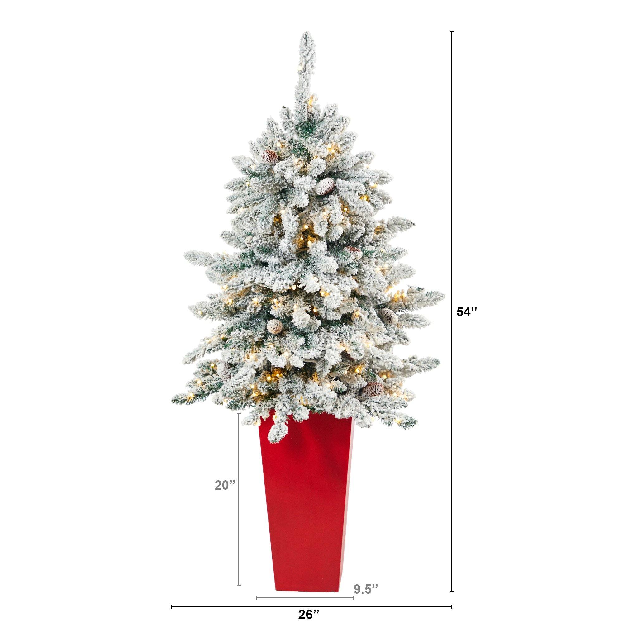4.5’ Flocked Livingston Fir Artificial Christmas Tree with Pine Cones and 150 Clear Warm LED Lights in Tall White Planter