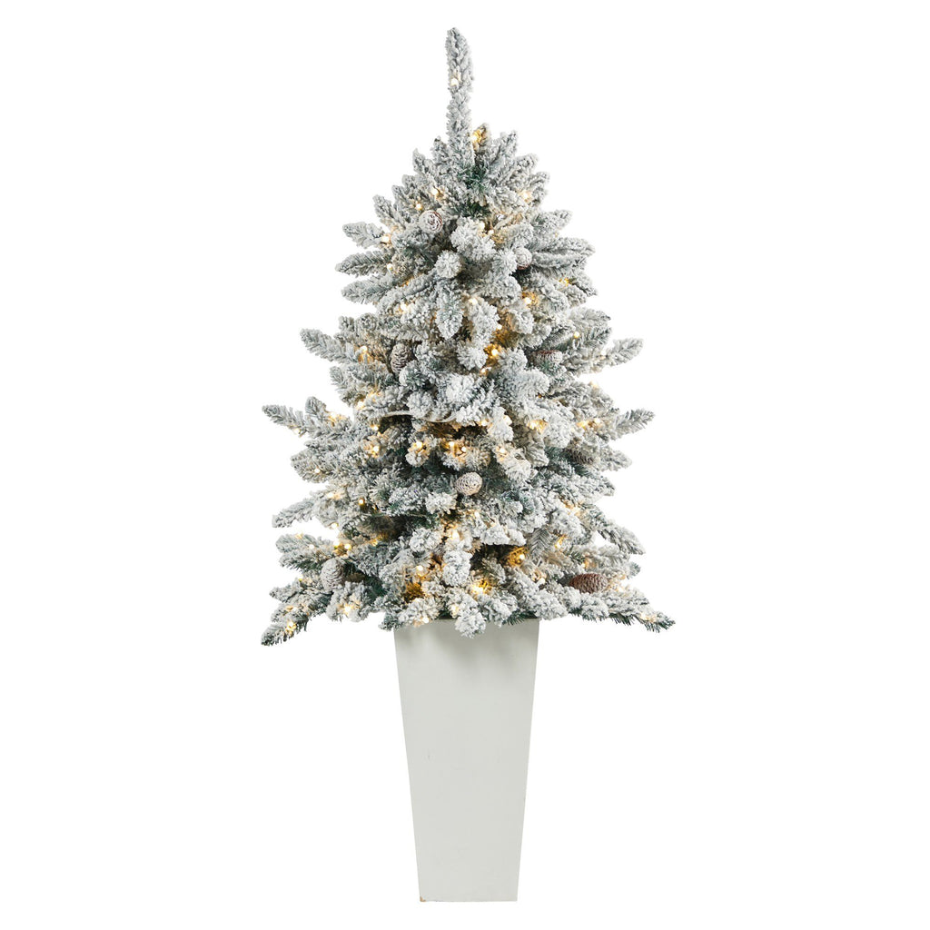 4.5’ Flocked Livingston Fir Artificial Christmas Tree with Pine Cones and 150 Clear Warm LED Lights in Tall White Planter
