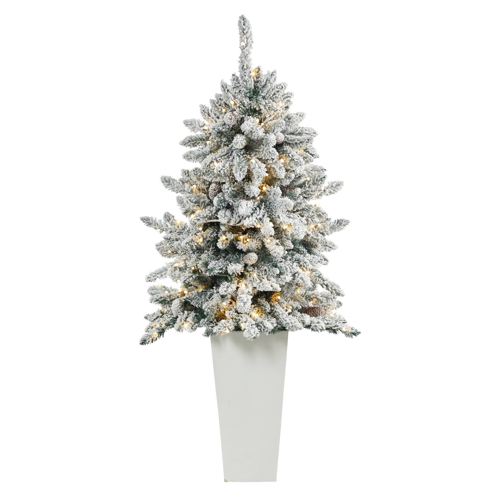 4.5’ Flocked Livingston Fir Artificial Christmas Tree with Pine Cones and 150 Clear Warm LED Lights in Tall White Planter