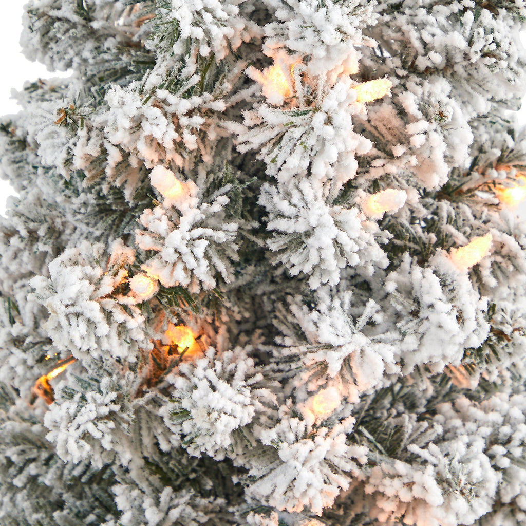 4.5’ Flocked Pencil Artificial Christmas Tree with 100 Clear Lights and 216 Bendable Branches in Sand Colored Urn