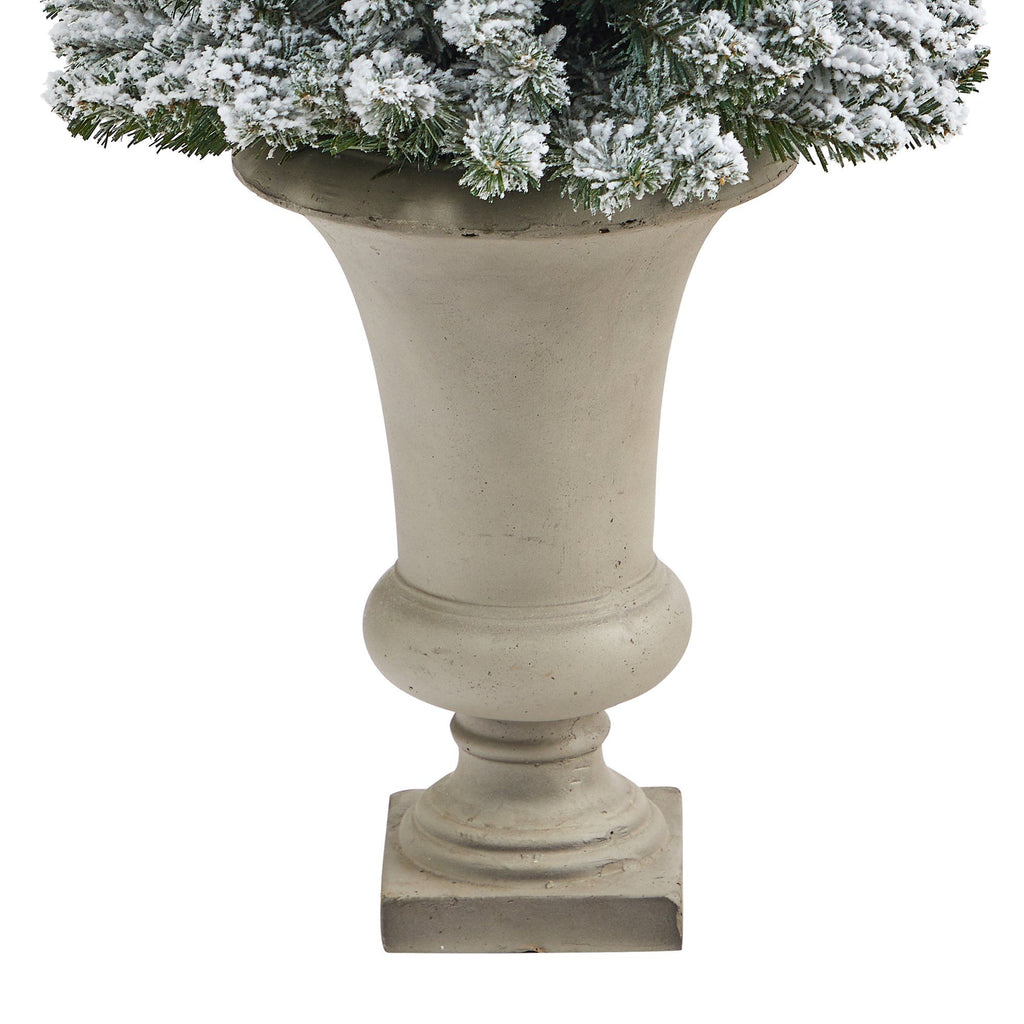 4.5’ Flocked Pencil Artificial Christmas Tree with 100 Clear Lights and 216 Bendable Branches in Sand Colored Urn