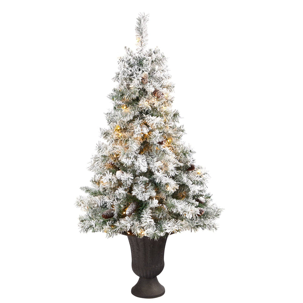4.5' Flocked White River Mountain Pine Artificial Christmas Tree with Pinecones and 100 Clear LED Lights in Charcoal Urn