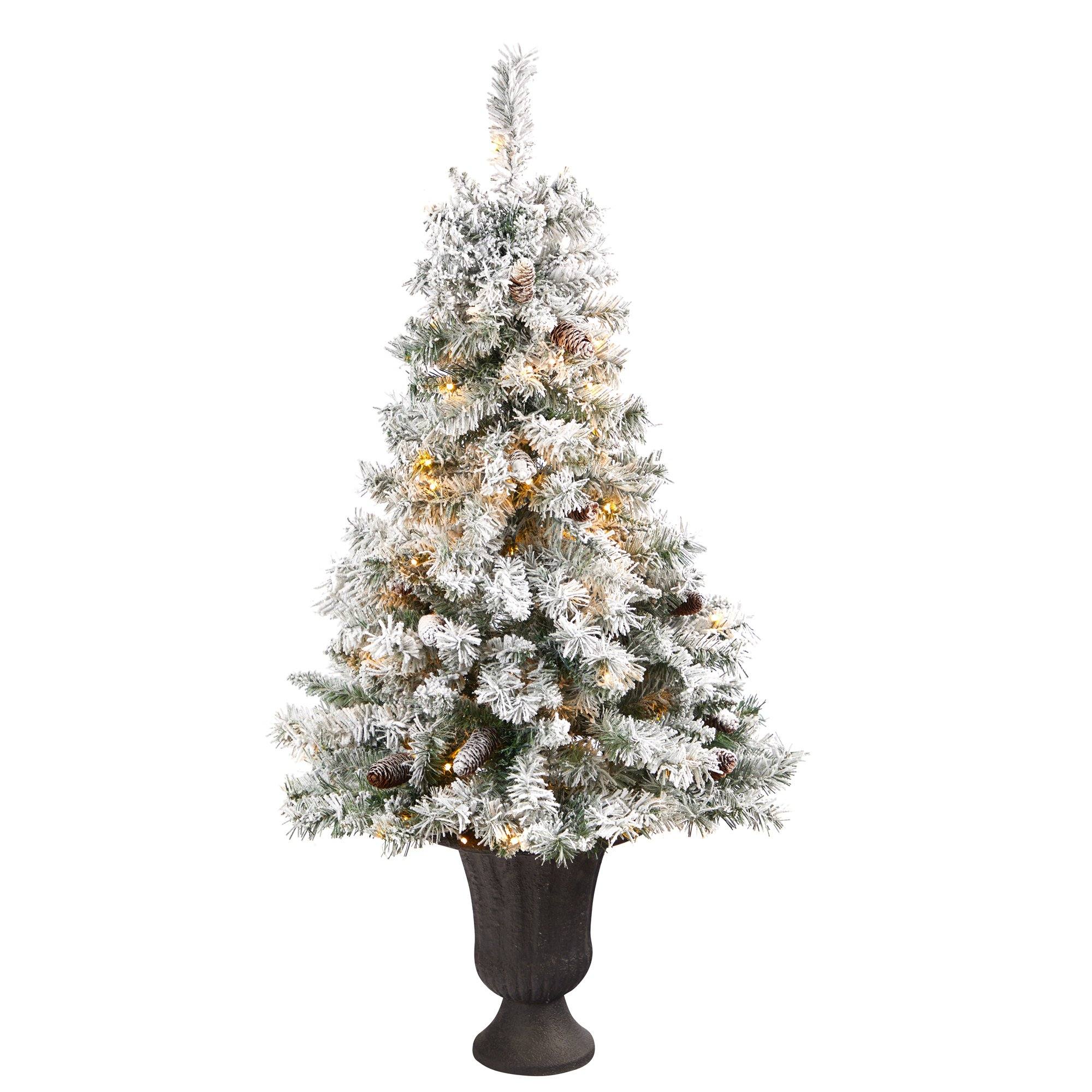 4.5' Flocked White River Mountain Pine Artificial Christmas Tree with Pinecones and 100 Clear LED Lights in Charcoal Urn