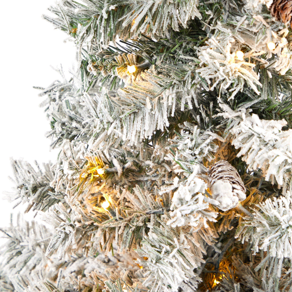 4.5' Flocked White River Mountain Pine Artificial Christmas Tree with Pinecones and 100 Clear LED Lights in Charcoal Urn