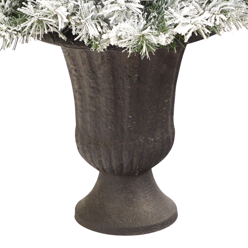 4.5' Flocked White River Mountain Pine Artificial Christmas Tree with Pinecones and 100 Clear LED Lights in Charcoal Urn