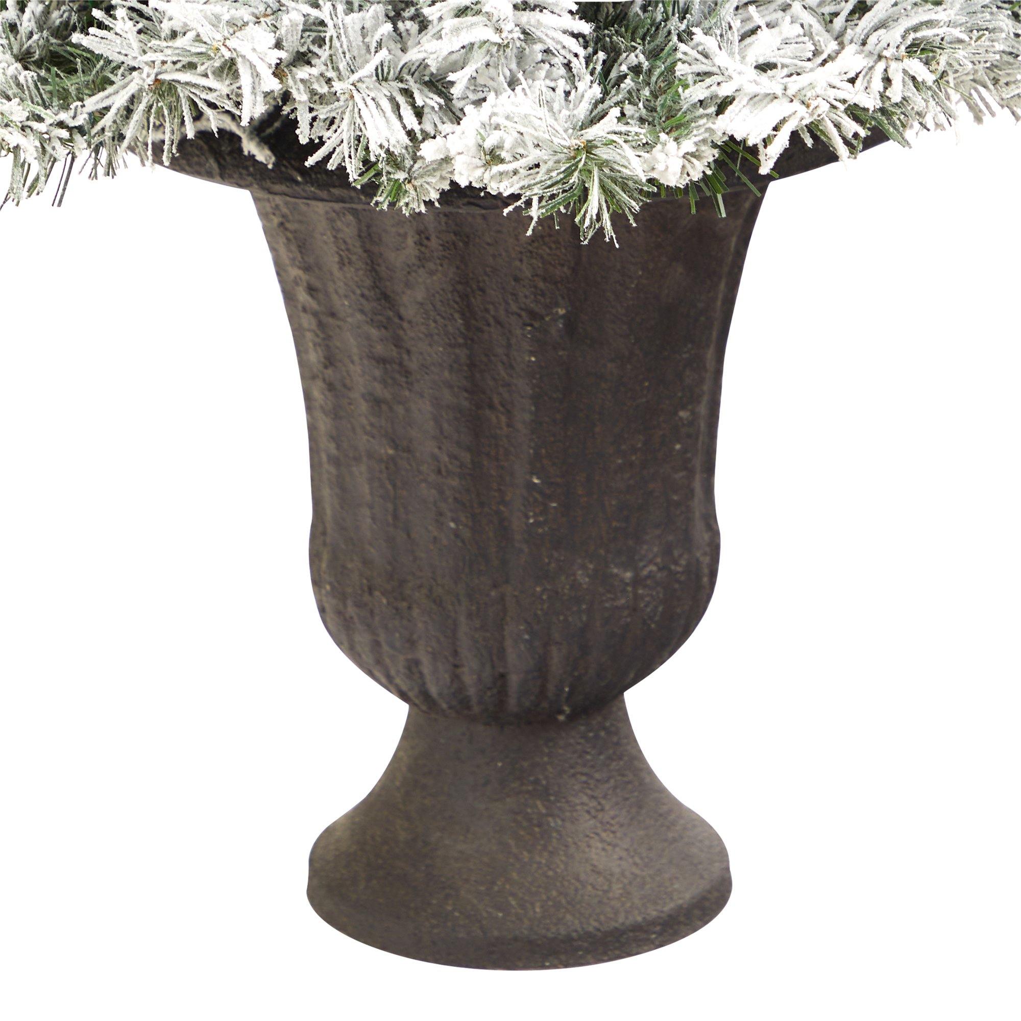 4.5' Flocked White River Mountain Pine Artificial Christmas Tree with Pinecones and 100 Clear LED Lights in Charcoal Urn