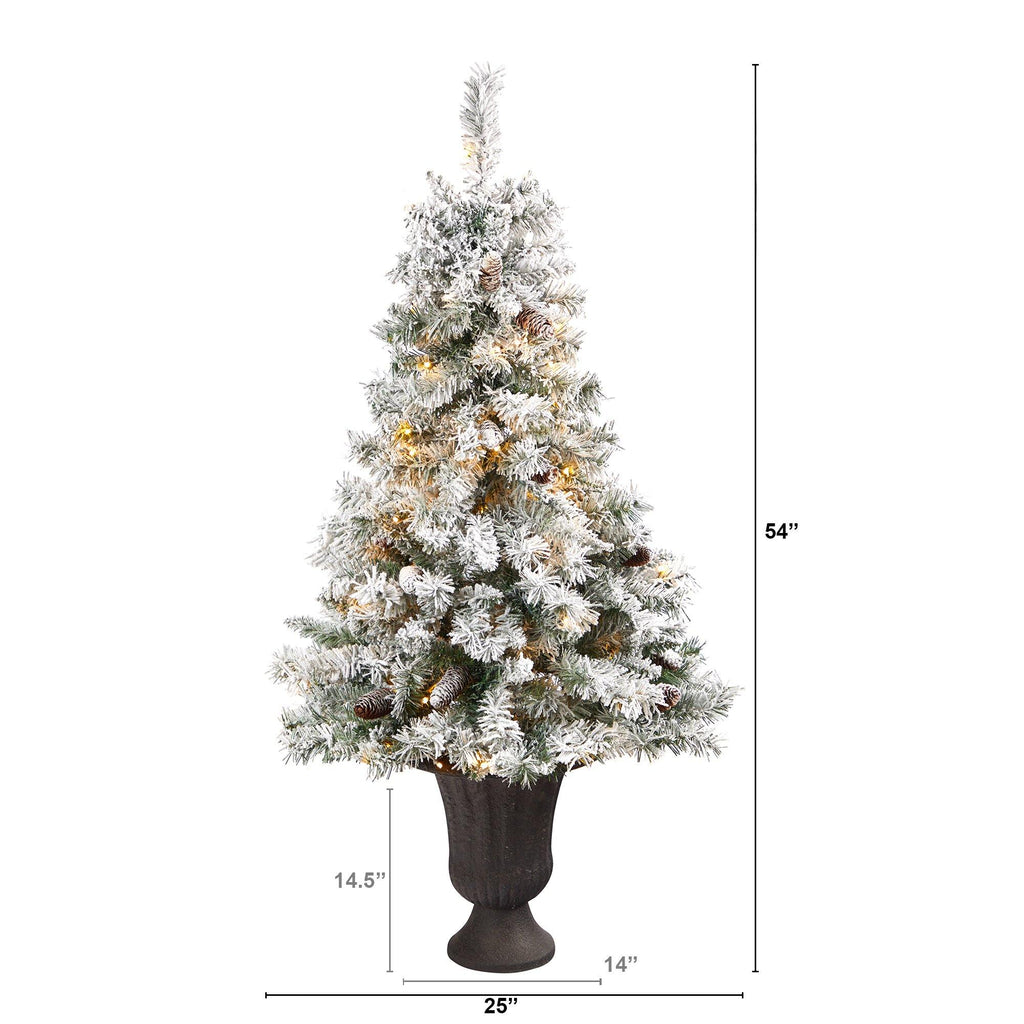 4.5' Flocked White River Mountain Pine Artificial Christmas Tree with Pinecones and 100 Clear LED Lights in Charcoal Urn