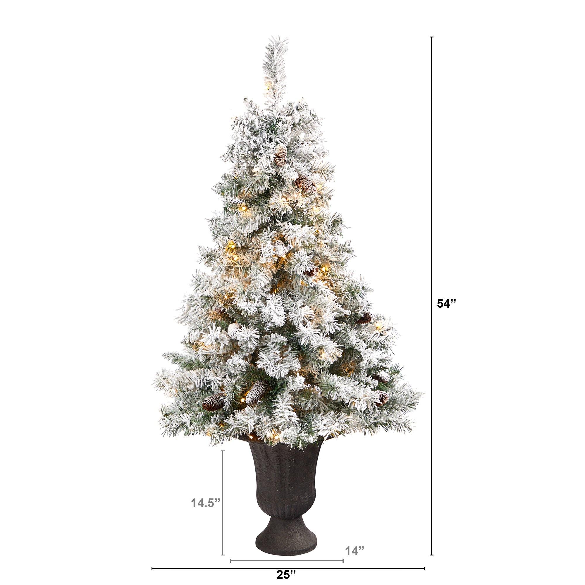 4.5' Flocked White River Mountain Pine Artificial Christmas Tree with Pinecones and 100 Clear LED Lights in Charcoal Urn